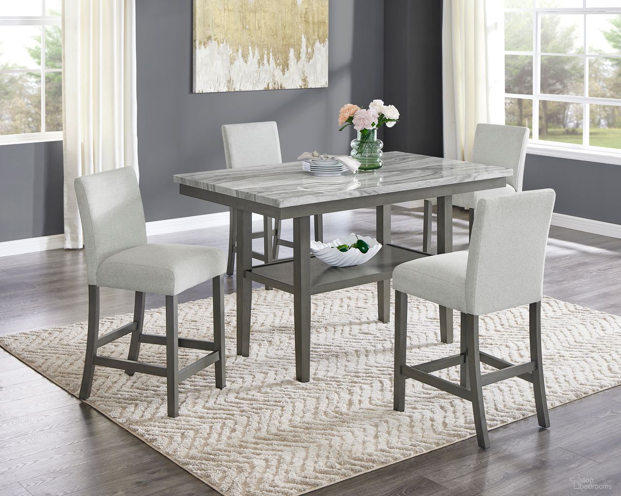 Selena 5-Piece 60 Inch Rectangular Faux Marble Counter Height Dining Set with Storage Shelf In Light Gray Upholstered Chairs