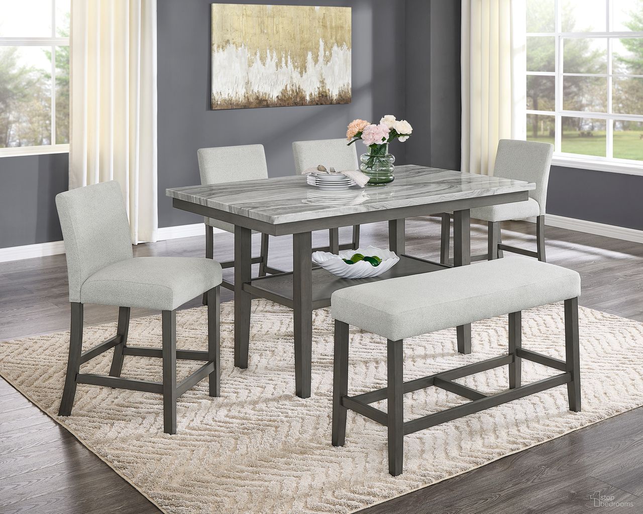 Selena 6-Piece 60 Inch Rectangular Faux Marble Counter Height Dining Set with Storage Shelf In Light Gray