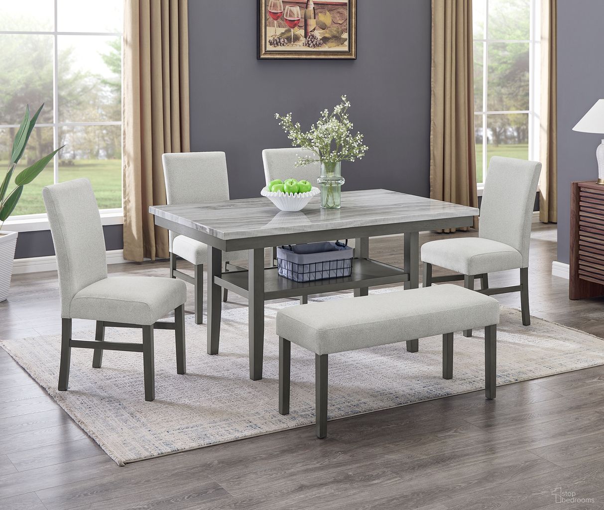 The appearance of Selena 6-Piece 60 Inch Rectangular Faux Marble Dining Set with 4 Upholstered Chairs and Bench In Gray Finish designed by Lilola Home in the transitional interior design. This gray piece of furniture  was selected by 1StopBedrooms from Selena Collection to add a touch of cosiness and style into your home. Sku: 30066-T;30066-C;30066-C;30066-BENCH. Material: Wood.