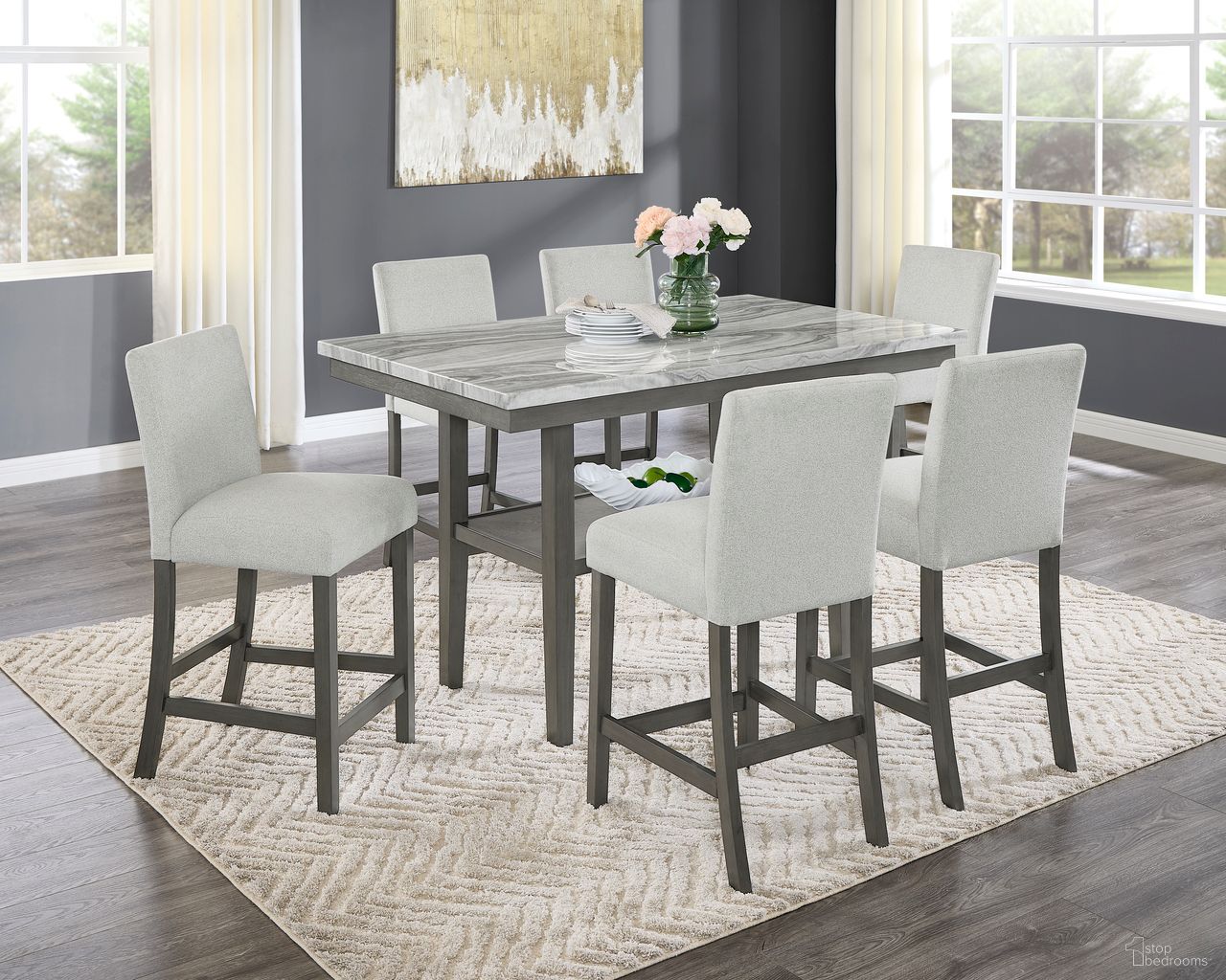 Selena 7-Piece 60 Inch Faux Marble Counter Height Dining Set with Storage Shelf In Light Gray Upholstered Chairs