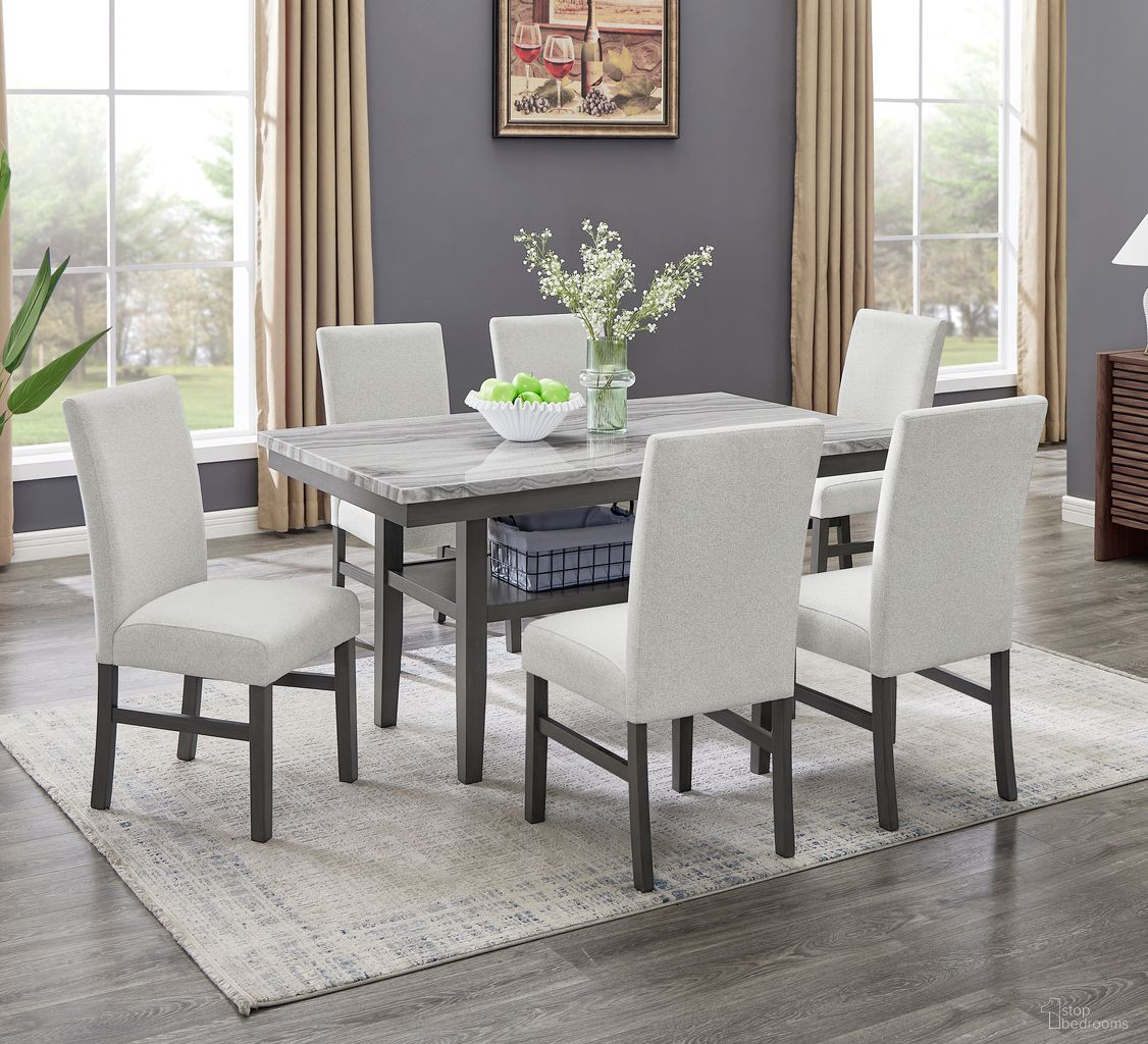 The appearance of Selena 7-Piece 60 Inch Rectangular Faux Marble Top Dining Set with 6 Upholstered Chairs and Storage Shelf In Gray Finish designed by Lilola Home in the transitional interior design. This gray piece of furniture was selected by 1StopBedrooms from Selena Collection to add a touch of cosiness and style into your home. Sku: 30066-T;30066-C;30066-C;30066-C. Material: Wood.