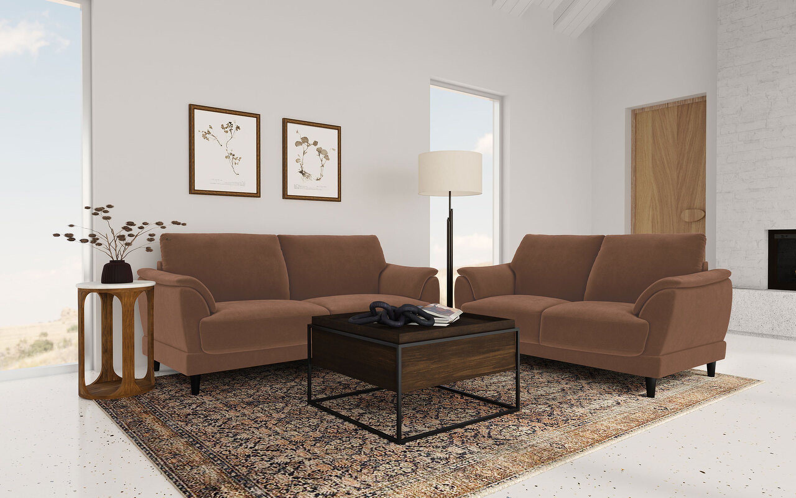 The appearance of Selma Velvet Upholstered Crescent Arm Living Room Set In Rust designed by Coaster in the transitional interior design. This rust piece of furniture  was selected by 1StopBedrooms from Selma Collection to add a touch of cosiness and style into your home. Sku: 552101;552102. Material: Fabric.