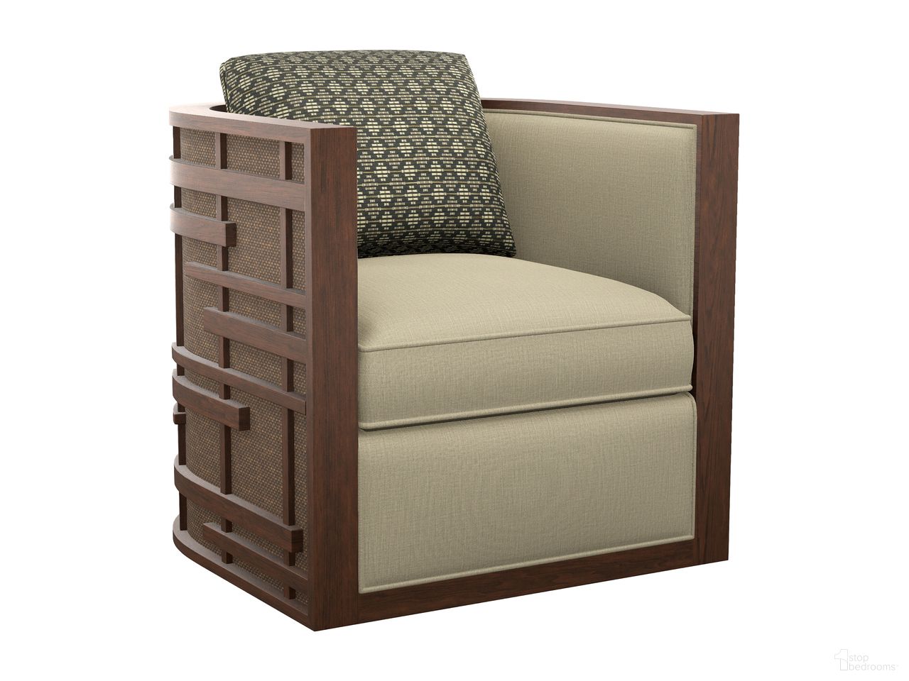 The appearance of Featured Upholstery Semerang Swivel Chair In Beige designed by Tommy Bahama in the transitional interior design. This beige piece of furniture was selected by 1StopBedrooms from Featured Upholstery Collection to add a touch of cosiness and style into your home. Sku: 1763-11SW-72. Material: Wood.