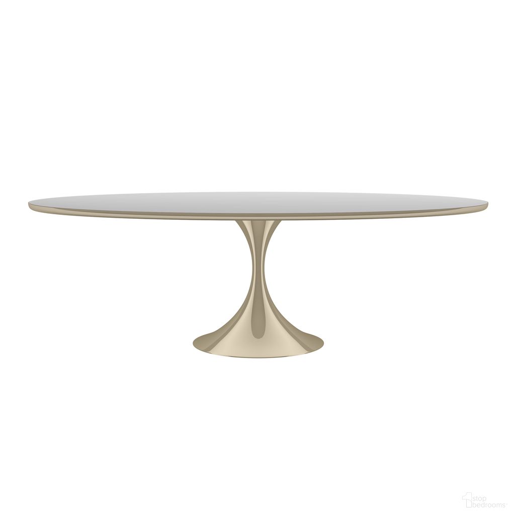 The appearance of Semper 96 Inch Oval Dining Table In Gold designed by Caracole in the modern / contemporary interior design. This gold piece of furniture  was selected by 1StopBedrooms from Semper Collection to add a touch of cosiness and style into your home. Sku: CLA-424-208A-T;CLA-424-207A-B. Table Base Style: Pedestal. Table Top Shape: Oval. Material: Metal. Size: 51" x 96".