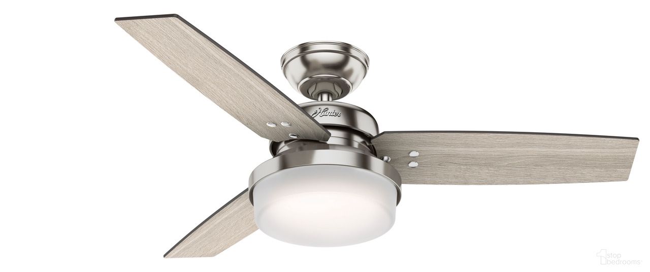 The appearance of Sentinel 44 Inch Ceiling Fan with LED Light Kit and Handheld Remote In Brushed Nickel and Light Gray Oak designed by Hunter Fan in the transitional interior design. This brushed nickel/light gray oak piece of furniture  was selected by 1StopBedrooms from Sentinel Collection to add a touch of cosiness and style into your home. Sku: 50394. Material: MDF.