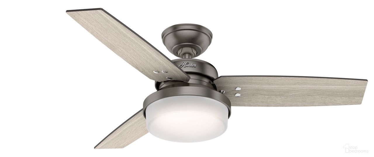 The appearance of Sentinel 44 Inch Ceiling Fan with LED Light Kit and Handheld Remote In Brushed Slate and Light Gray Oak designed by Hunter Fan in the transitional interior design. This brushed slate/light gray oak piece of furniture was selected by 1StopBedrooms from Sentinel Collection to add a touch of cosiness and style into your home. Sku: 50393. Material: MDF.