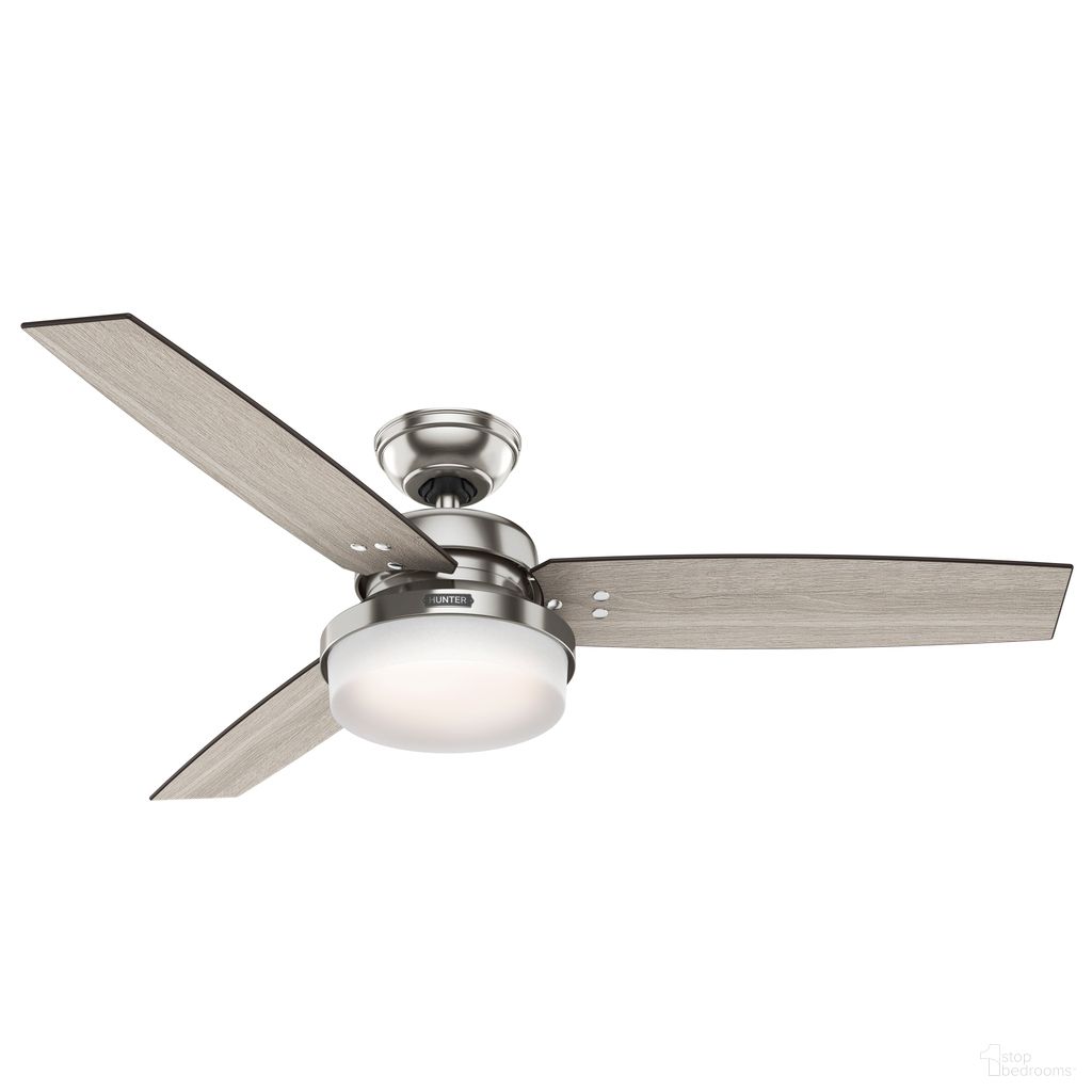 The appearance of Sentinel 52 Inch Ceiling Fan with LED Light Kit and Handheld Remote In Brushed Nickel and Light Gray Oak designed by Hunter Fan in the modern / contemporary interior design. This brushed nickel/light gray oak piece of furniture  was selected by 1StopBedrooms from Sentinel Collection to add a touch of cosiness and style into your home. Sku: 59157. Material: Composite.