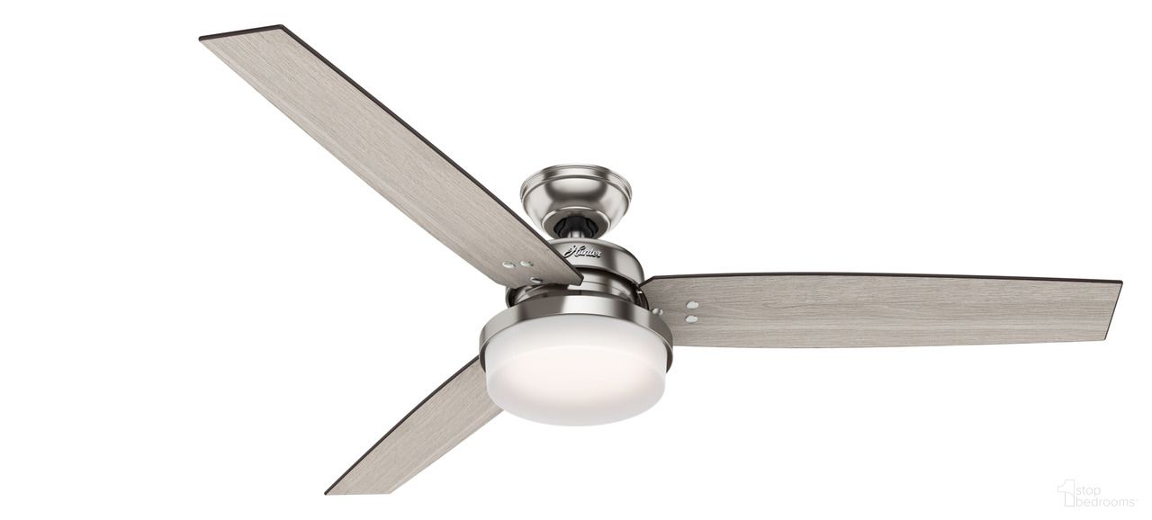 The appearance of Sentinel 60 Inch Ceiling Fan with LED Light Kit and Handheld Remote In Brushed Nickel and Light Gray Oak designed by Hunter Fan in the modern / contemporary interior design. This brushed nickel/light gray oak piece of furniture  was selected by 1StopBedrooms from Sentinel Collection to add a touch of cosiness and style into your home. Sku: 59459. Material: Plywood.