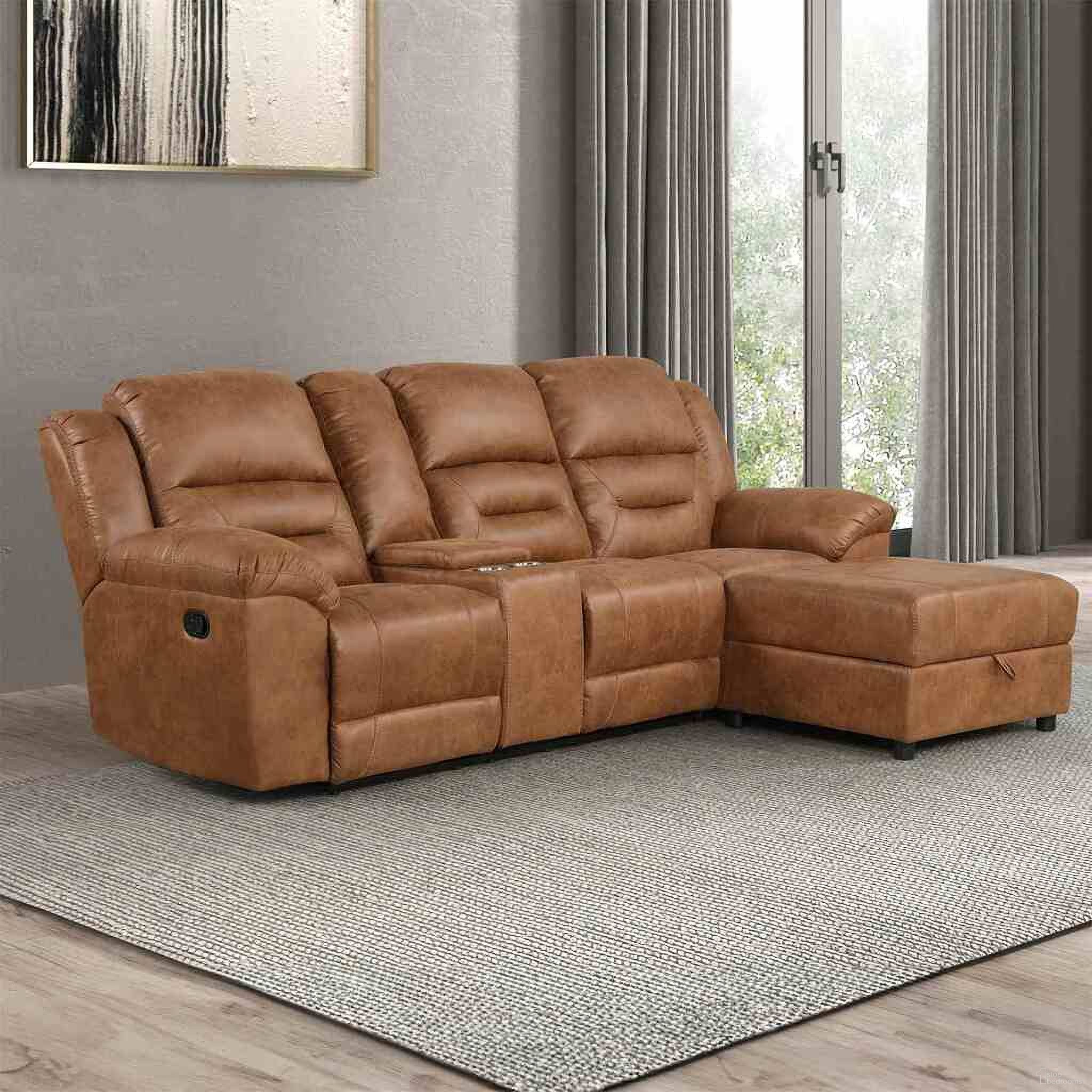 The appearance of Septimus Sectional In Saddle Brown designed by Furniture of America in the modern / contemporary interior design. This saddle brown piece of furniture was selected by 1StopBedrooms from Septimus Collection to add a touch of cosiness and style into your home. Sku: TM6028BR-CE;TM6028BR-LV. Material: Leather.