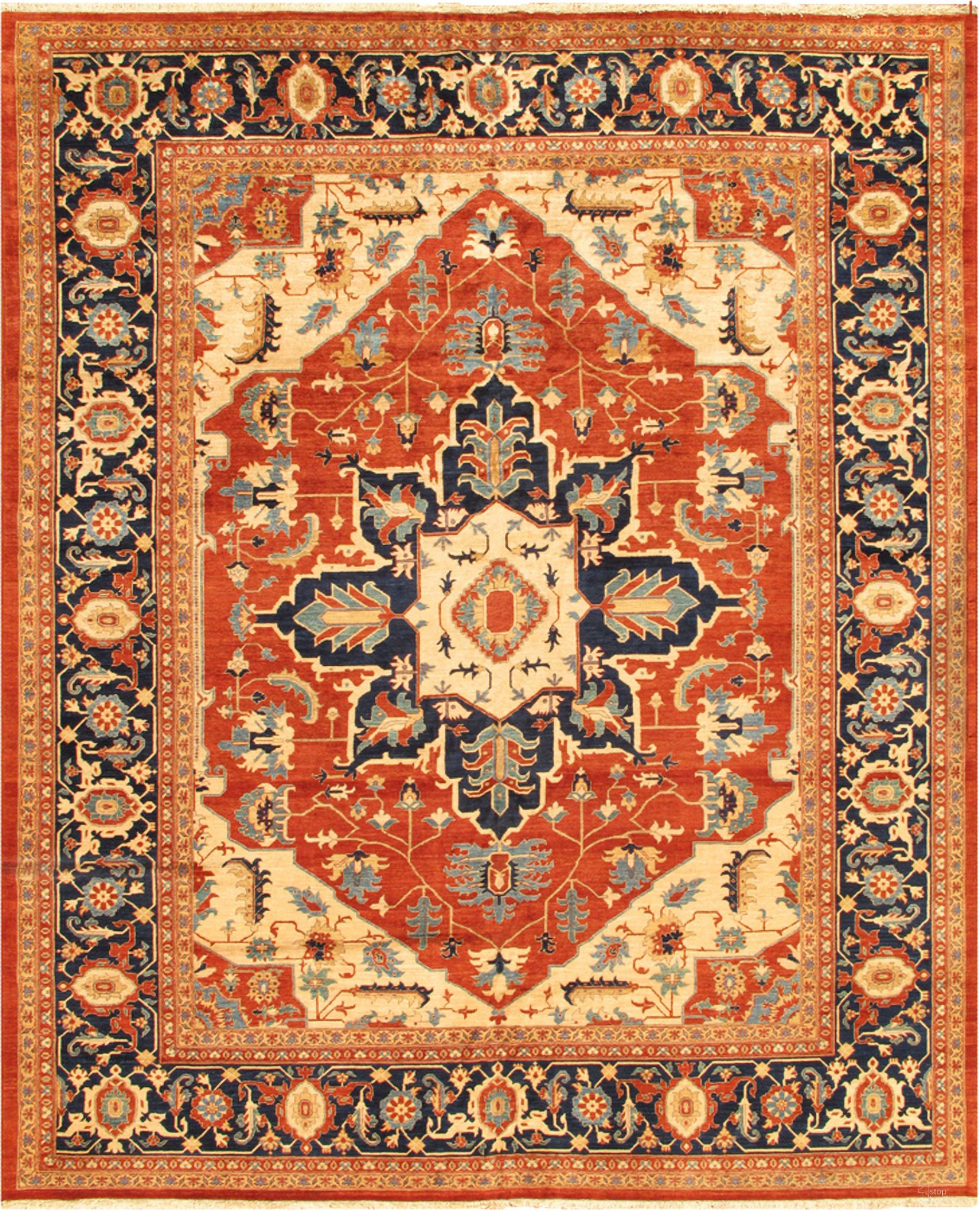 The appearance of Serapi Collection Hand-Knotted Lamb's Wool Area Rug- 9' 10" x 10' 2" In Rust and Navy designed by Pasargad Home in the modern / contemporary interior design. This rust and navy piece of furniture  was selected by 1StopBedrooms from Serapi Collection to add a touch of cosiness and style into your home. Sku: P-49 10x10. Material: Lamb's Wool.