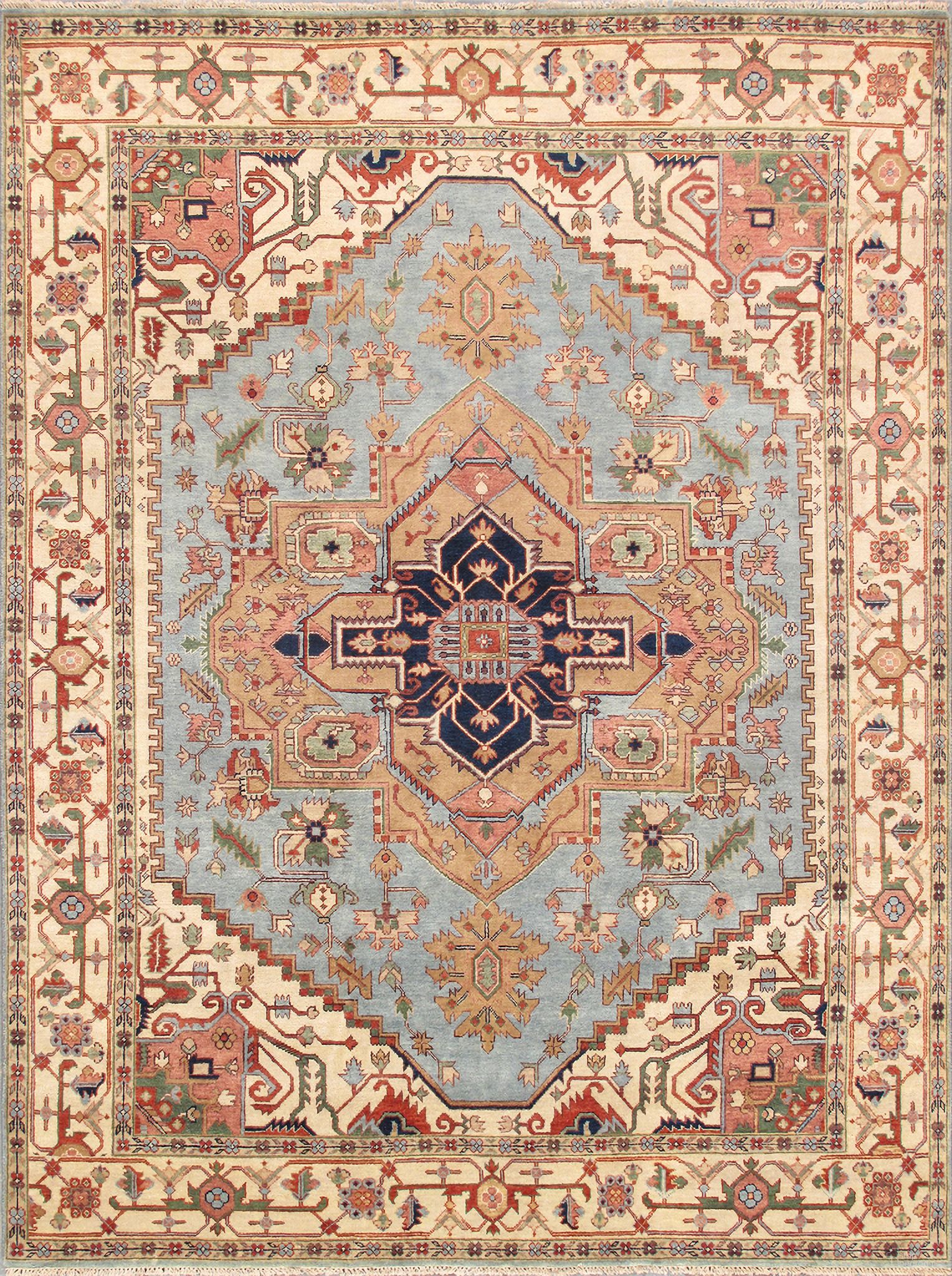Serapi Collection Hand-Knotted Wool Area Rug-11'10" x 14'11" In Light Blue and Ivory