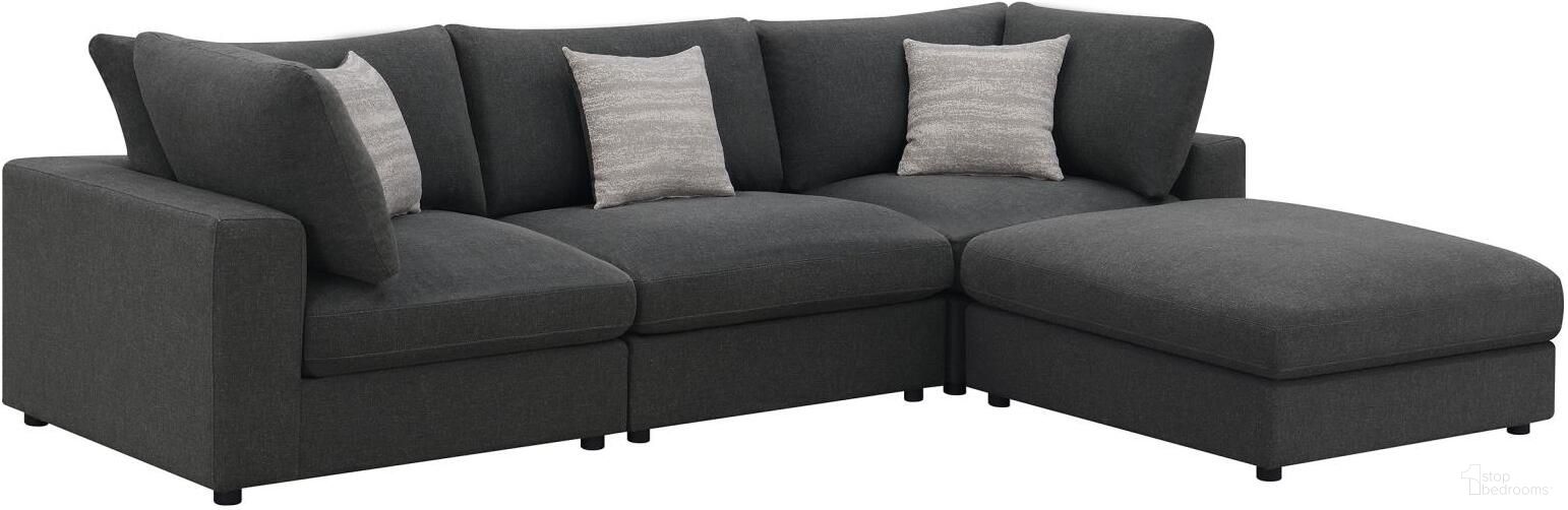 The appearance of Serene 4-piece Upholstered Modular Sectional Charcoal designed by Coaster in the transitional interior design. This charcoal piece of furniture was selected by 1StopBedrooms from Serene Collection to add a touch of cosiness and style into your home. Sku: 551324;551325;551325;551326. Material: Linen. Layout: Modular.