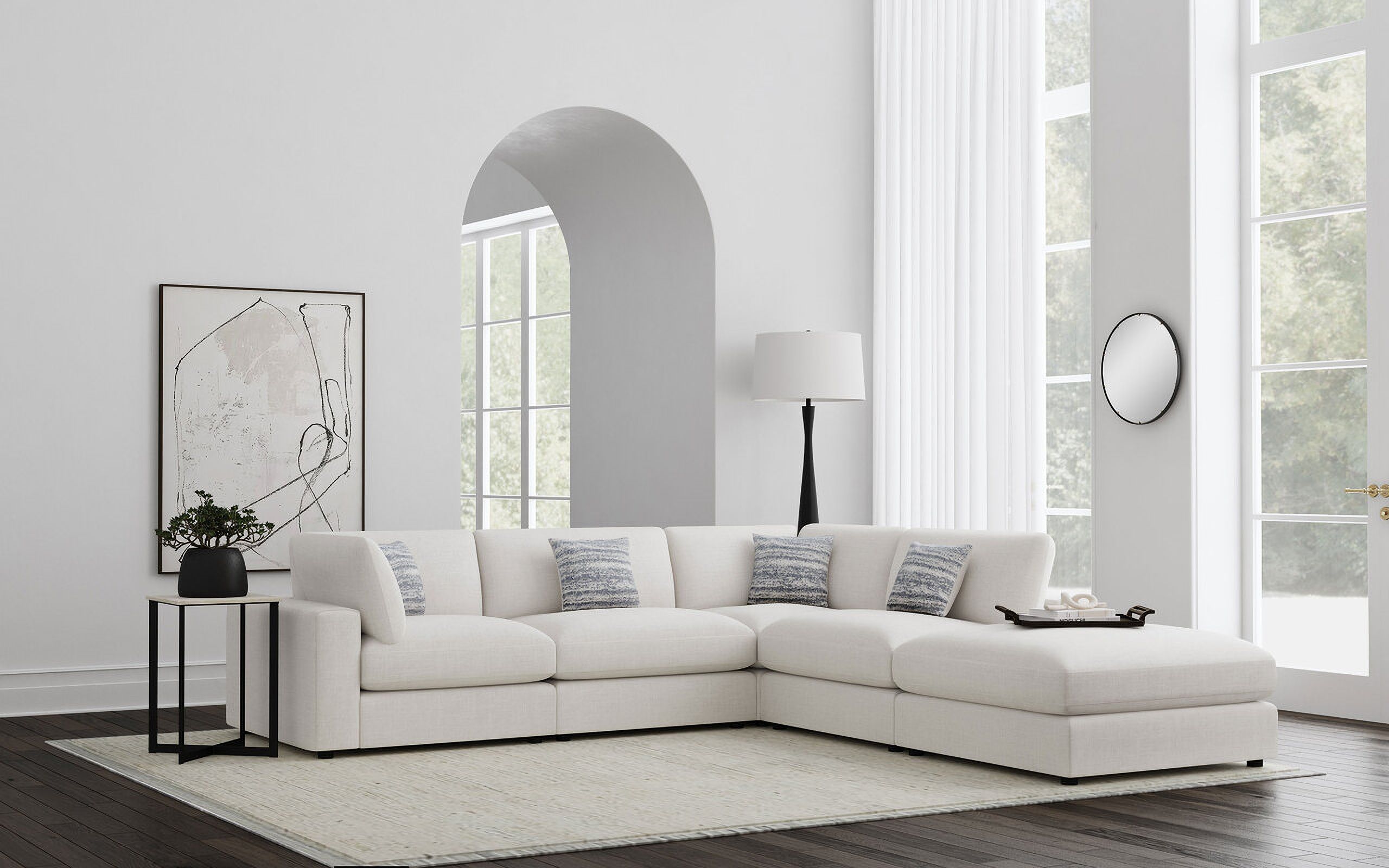 The appearance of Serene 5-Piece Upholstered Modular Sectional Sofa In Beige designed by Coaster in the transitional interior design. This beige piece of furniture  was selected by 1StopBedrooms from Serene Collection to add a touch of cosiness and style into your home. Sku: 551321;551321;551322;551322;551323. Material: Linen.