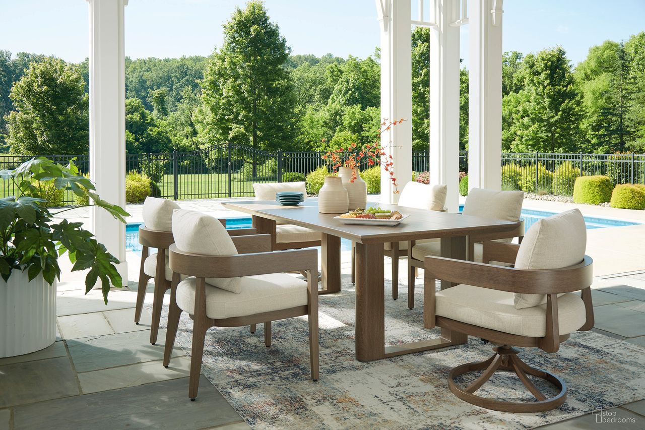 The appearance of Serene Bay Outdoor Dining Room Set In Dark Brown designed by Signature Design by Ashley in the transitional interior design. This dark brown piece of furniture was selected by 1StopBedrooms from Serene Bay Collection to add a touch of cosiness and style into your home. Sku: P671-625;P671-601A. Material: Metal. Table Top Shape: Rectangular.