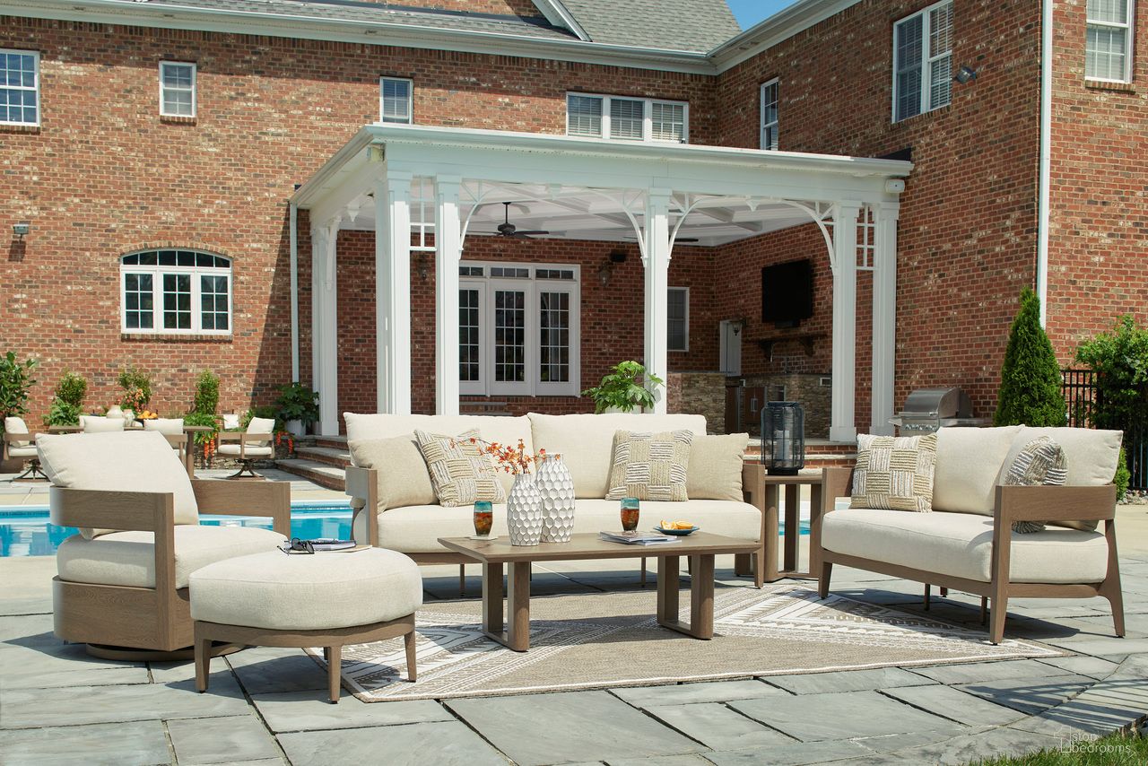 The appearance of Serene Bay Outdoor Living Room Set with Cushion In White and Dark Brown designed by Signature Design by Ashley in the transitional interior design. This white/dark brown piece of furniture was selected by 1StopBedrooms from Serene Bay Collection to add a touch of cosiness and style into your home. Sku: P671-838;P671-835. Material: Fabric.