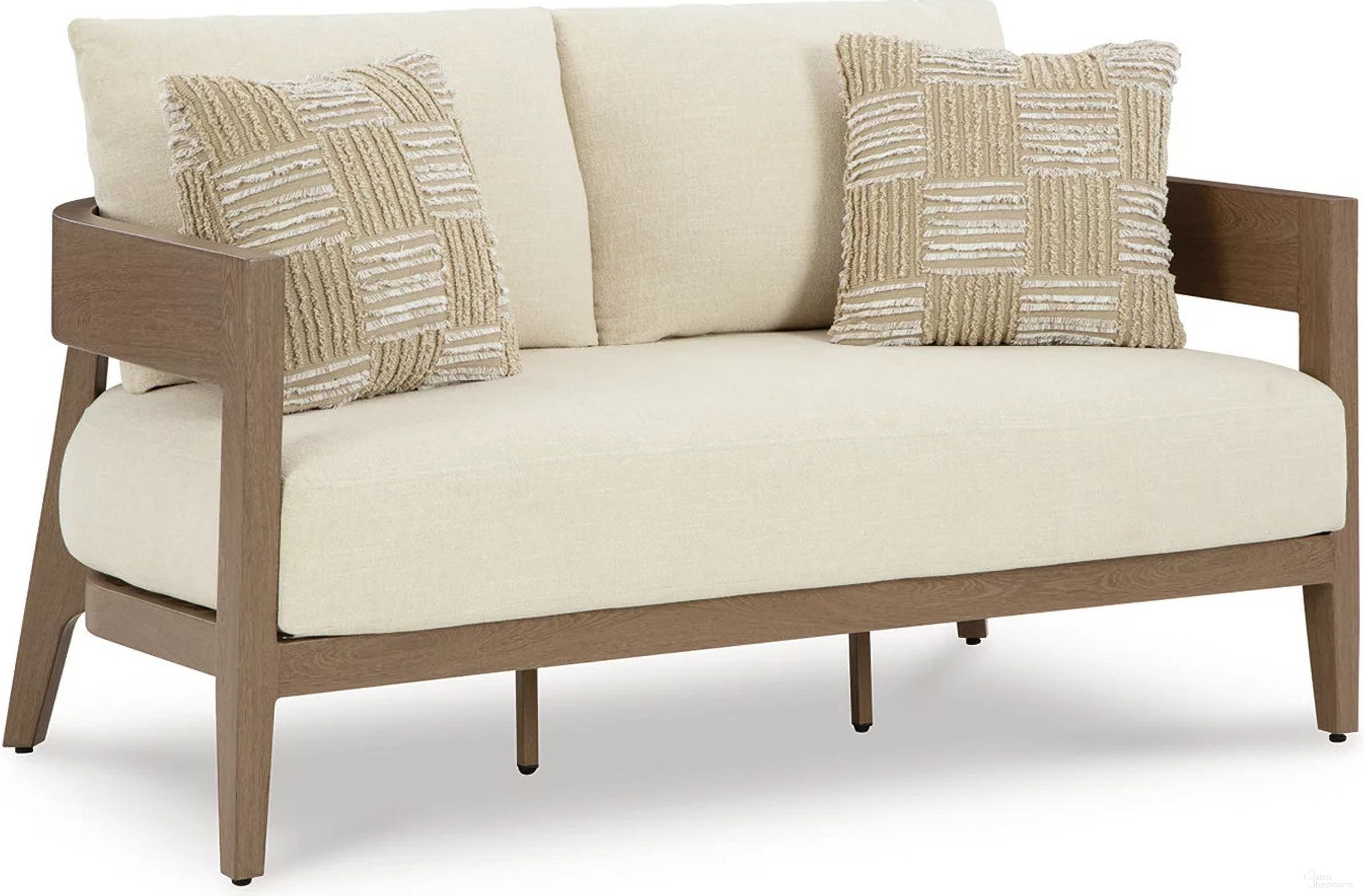 The appearance of Serene Bay Outdoor Loveseat with Cushion In White and Dark Brown designed by Signature Design by Ashley in the transitional interior design. This white/dark brown piece of furniture was selected by 1StopBedrooms from Serene Bay Collection to add a touch of cosiness and style into your home. Sku: P671-835. Material: Fabric.