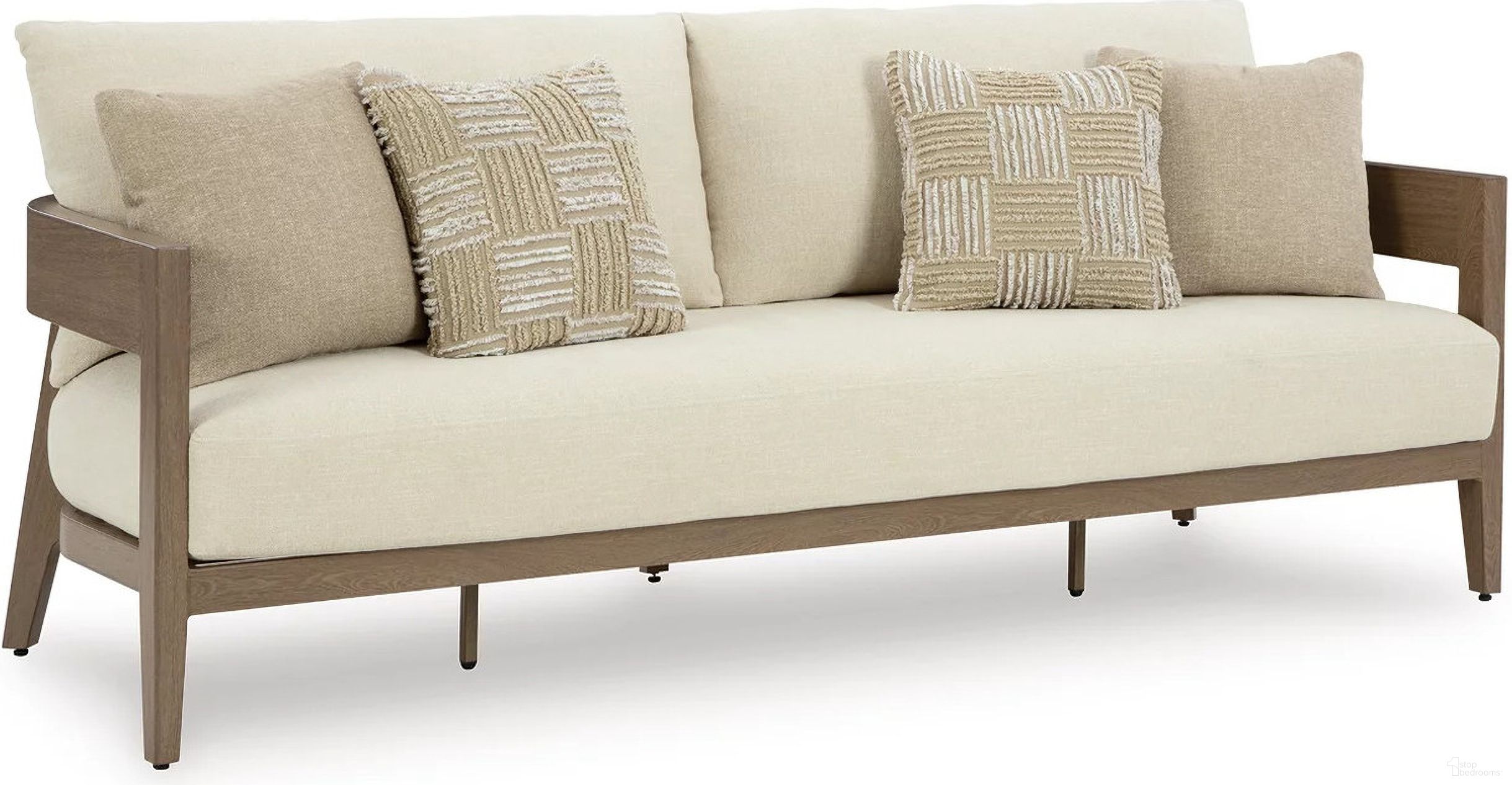 The appearance of Serene Bay Outdoor Sofa with Cushion In White and Dark Brown designed by Signature Design by Ashley in the transitional interior design. This white/dark brown piece of furniture was selected by 1StopBedrooms from Serene Bay Collection to add a touch of cosiness and style into your home. Sku: P671-838. Material: Fabric.