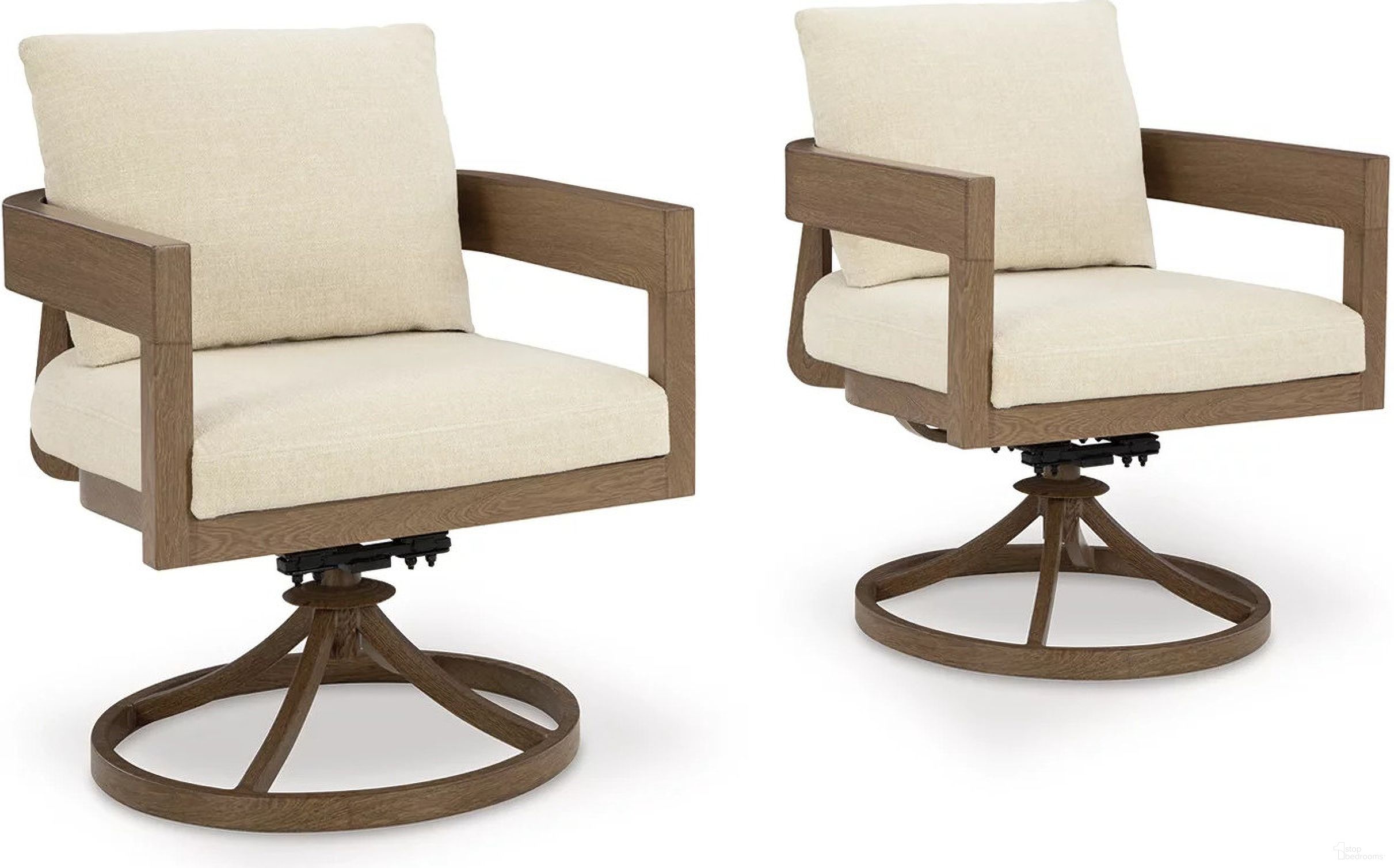The appearance of Serene Bay Outdoor Swivel Dining Chair with Cushion Set of 2 In White and Dark Brown designed by Signature Design by Ashley in the transitional interior design. This white/dark brown piece of furniture  was selected by 1StopBedrooms from Serene Bay Collection to add a touch of cosiness and style into your home. Sku: P671-602A. Material: Fabric.