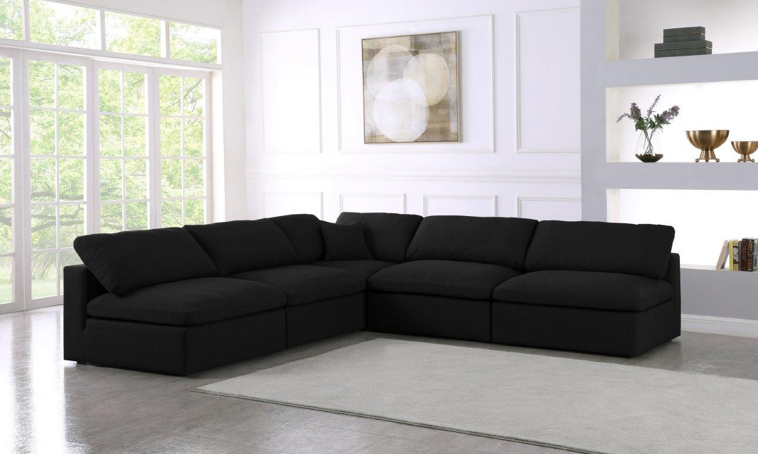 The appearance of Serene Linen Textured Fabric Deluxe Comfort 5 Piece Modular Sectional In Black designed by Meridian in the modern / contemporary interior design. This black piece of furniture was selected by 1StopBedrooms from Serene Collection to add a touch of cosiness and style into your home. Sku: 601Black-Corner;601Black-Armless;601Black-Armless;601Black-Armless;601Black-Armless. Material: Linen. Layout: Modular.