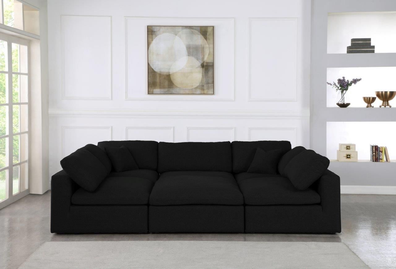 The appearance of Serene Linen Textured Fabric Deluxe Comfort 6 Piece Modular Sectional In Black designed by Meridian in the modern / contemporary interior design. This black piece of furniture was selected by 1StopBedrooms from Serene Collection to add a touch of cosiness and style into your home. Sku: 601Black-Corner;601Black-Corner;601Black-Armless;601Black-Armless;601Black-Armless;601Black-Ott. Material: Linen. Layout: Modular.