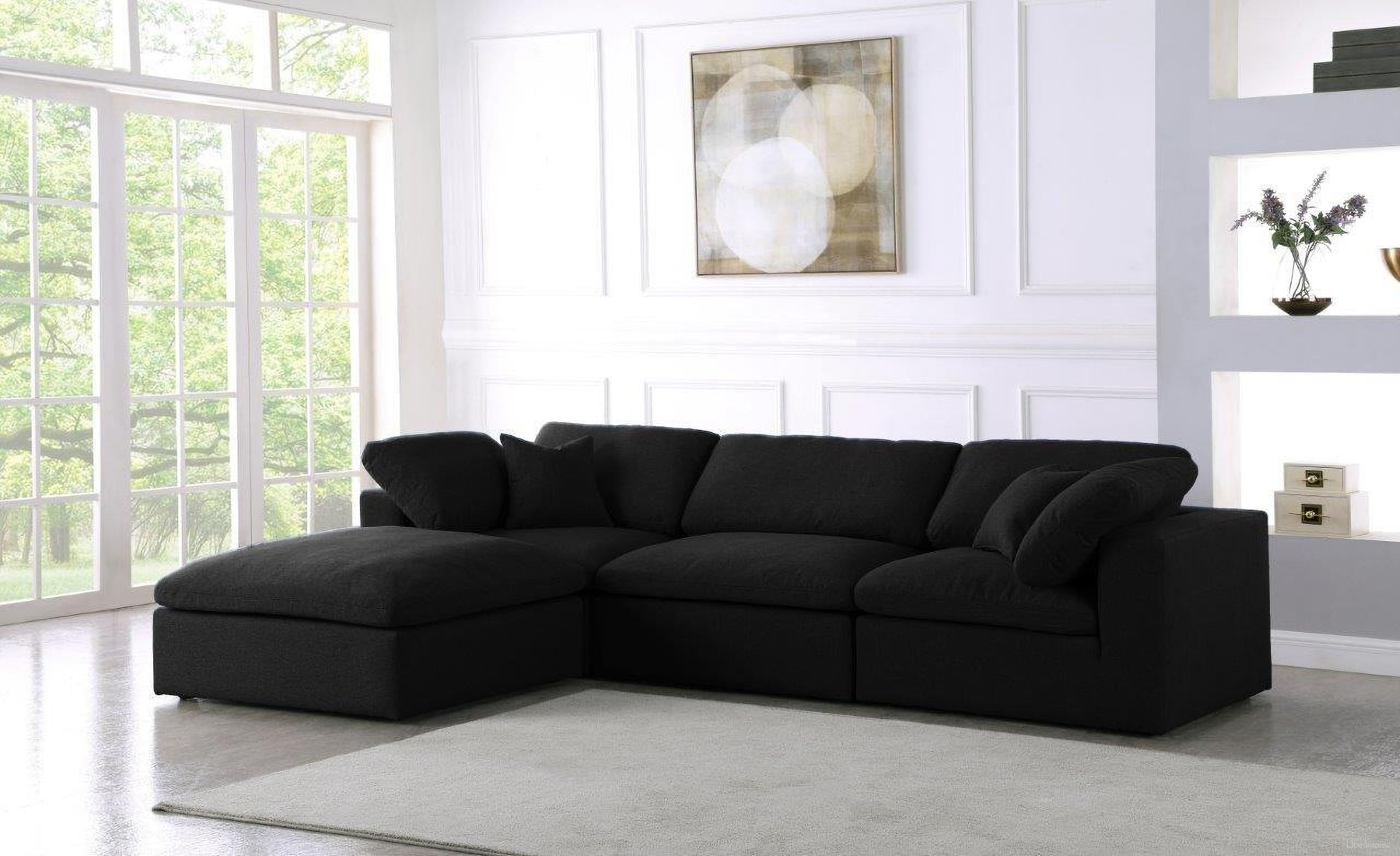The appearance of Serene Linen Textured Fabric Deluxe Comfort 4 Piece Modular Sectional In Black designed by Meridian in the modern / contemporary interior design. This black piece of furniture was selected by 1StopBedrooms from Serene Collection to add a touch of cosiness and style into your home. Sku: 601Black-Corner;601Black-Corner;601Black-Armless;601Black-Ott. Material: Linen. Layout: Sofa & Chaise.
