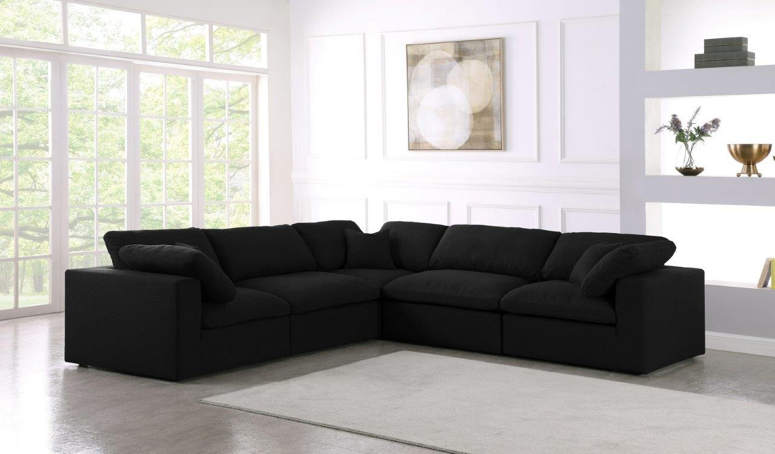 Serene Linen Textured Fabric Deluxe Comfort 5 Piece Modular Sectional In Black