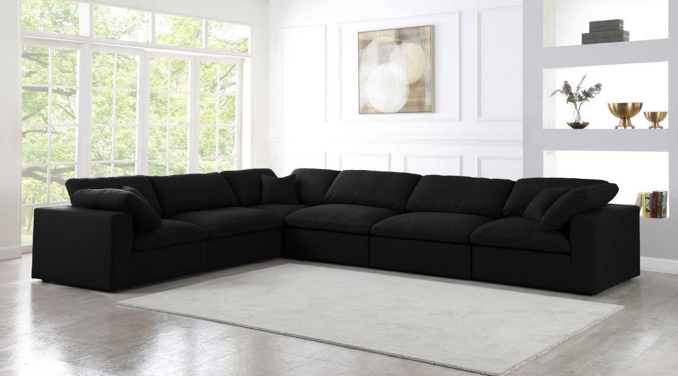 Serene Linen Textured Fabric Deluxe Comfort 6 Piece Modular Sectional In Black