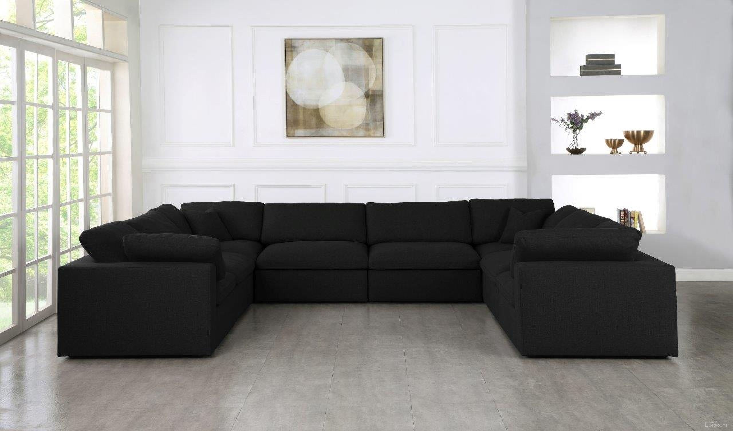 Serene Linen Textured Fabric Deluxe Comfort 8 Piece Modular Sectional In Black