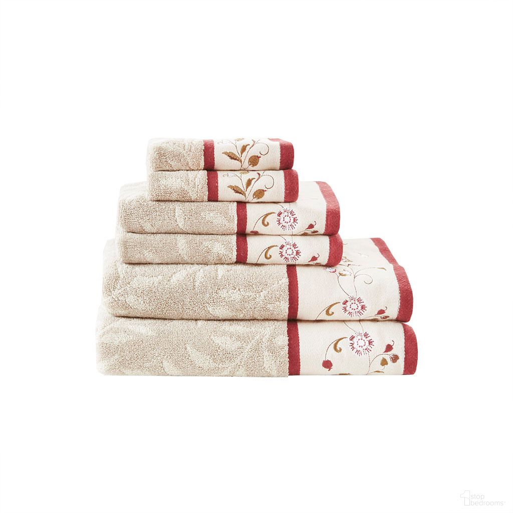 The appearance of Serene Embroidered Cotton Jacquard 6 Piece Towel Set In Red designed by Olliix in the traditional interior design. This red piece of furniture was selected by 1StopBedrooms from Serene Collection to add a touch of cosiness and style into your home. Sku: MP73-4968. Material: Cotton.