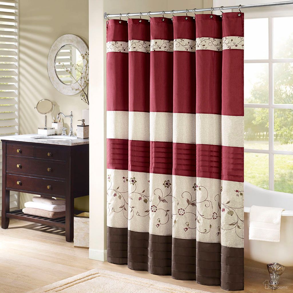 The appearance of Serene Faux Silk Embroidered Floral Shower Curtain In Red designed by Olliix in the transitional interior design. This red piece of furniture  was selected by 1StopBedrooms from Serene Collection to add a touch of cosiness and style into your home. Sku: MP70-644. Material: Polyester.