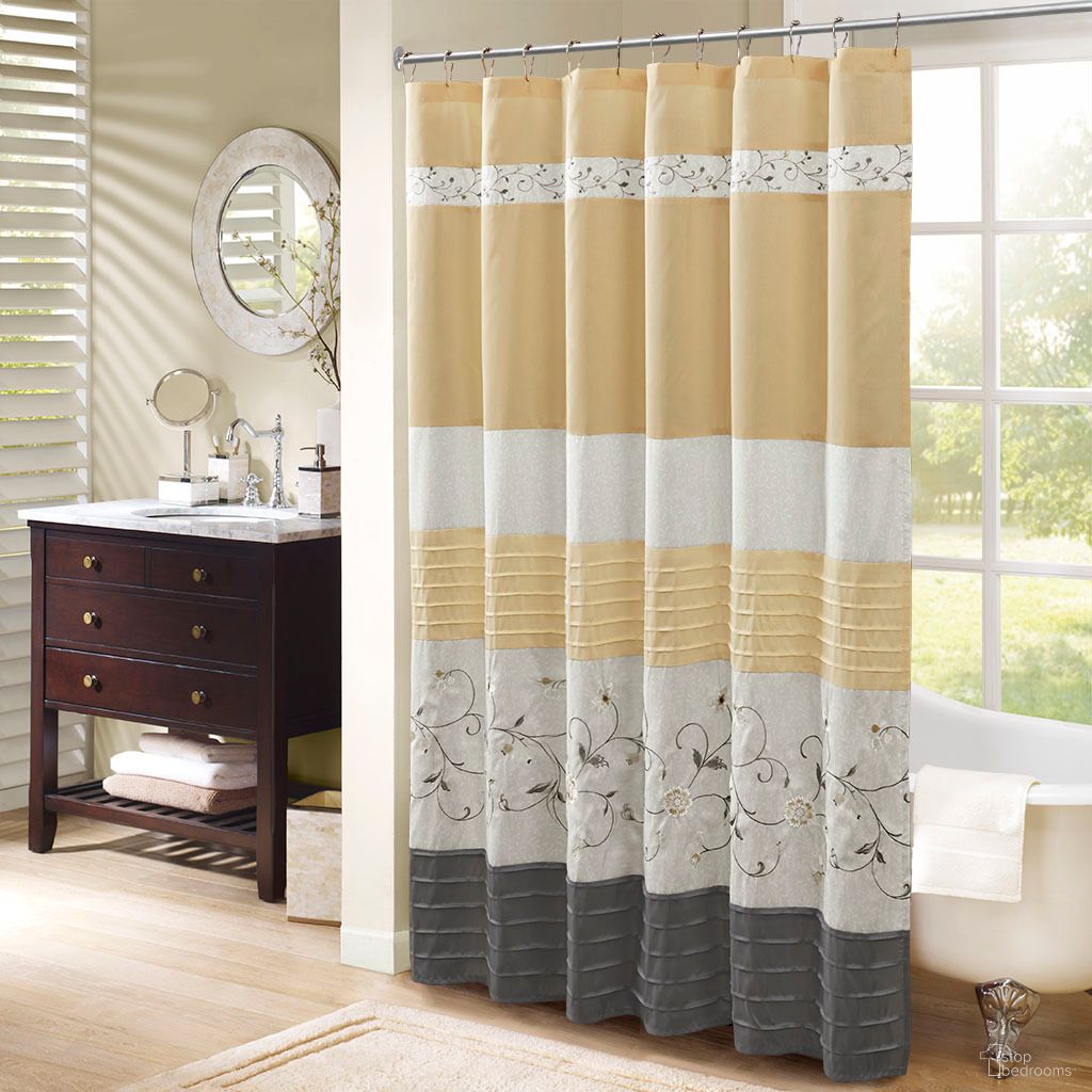 Serene Faux Silk Embroidered Floral Shower Curtain In Yellow