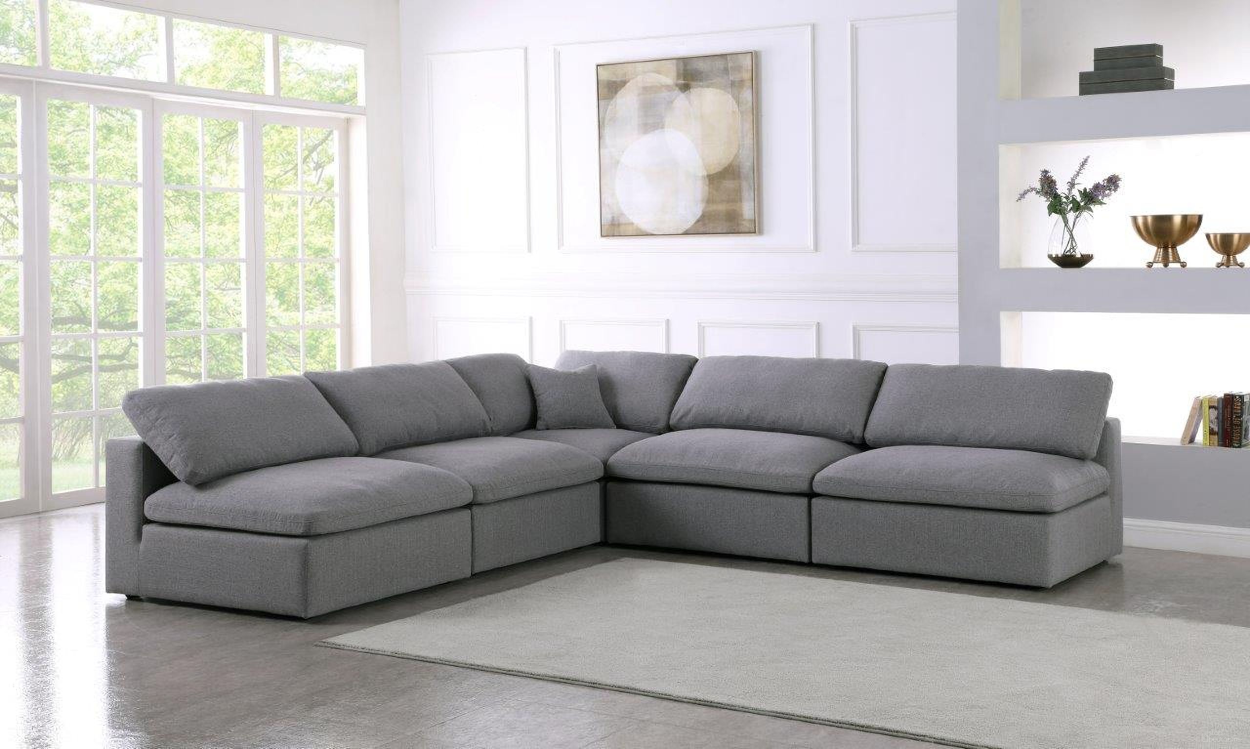 Serene Linen Textured Fabric Deluxe Comfort 5 Piece Modular Sectional In Grey
