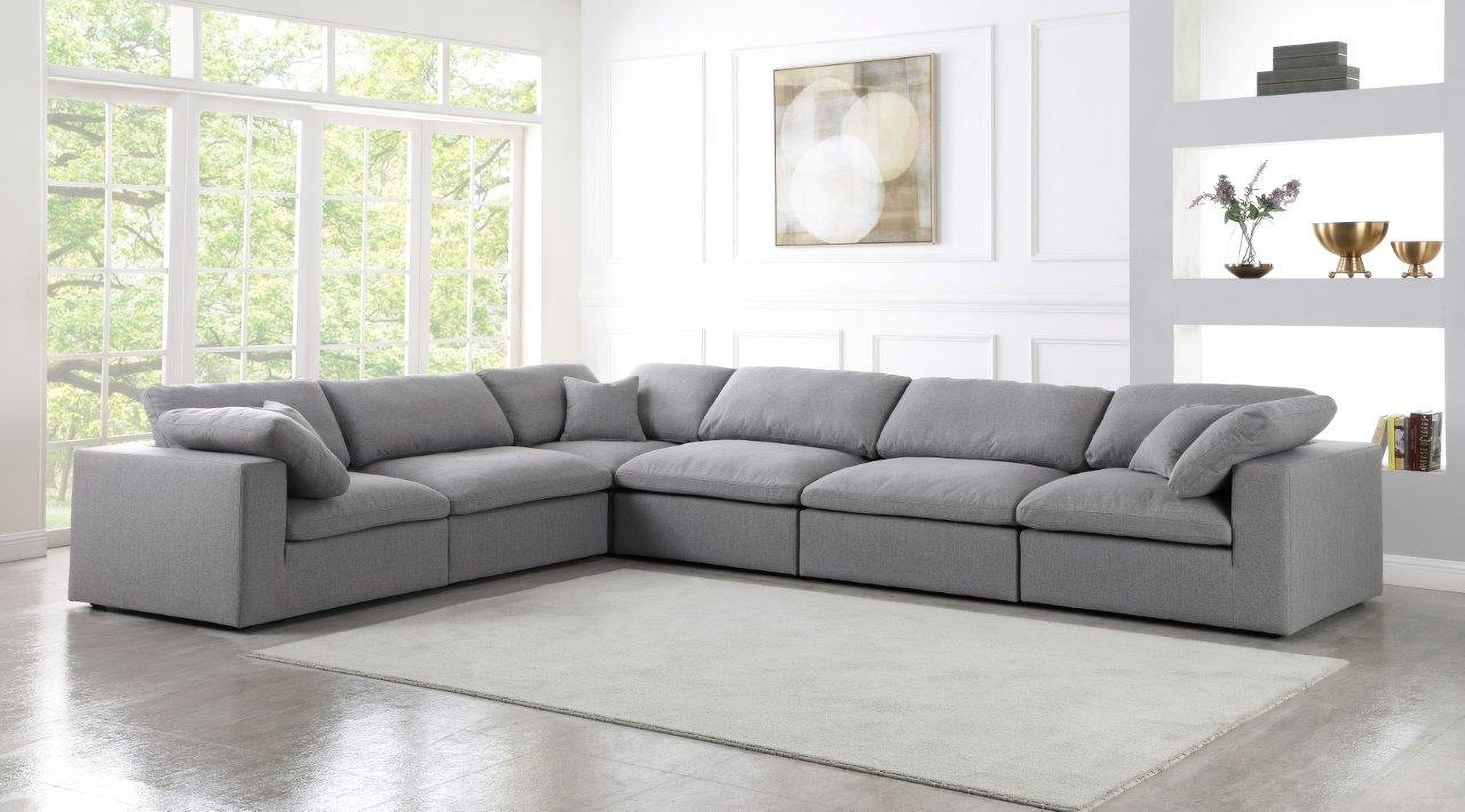 The appearance of Serene Linen Textured Fabric Deluxe Comfort 6 Piece Modular Sectional In Grey designed by Meridian in the modern / contemporary interior design. This grey piece of furniture  was selected by 1StopBedrooms from Serene Collection to add a touch of cosiness and style into your home. Sku: 601Grey-Corner;601Grey-Corner;601Grey-Corner;601Grey-Armless;601Grey-Armless;601Grey-Armless. Material: Linen. Layout: L-Shape.