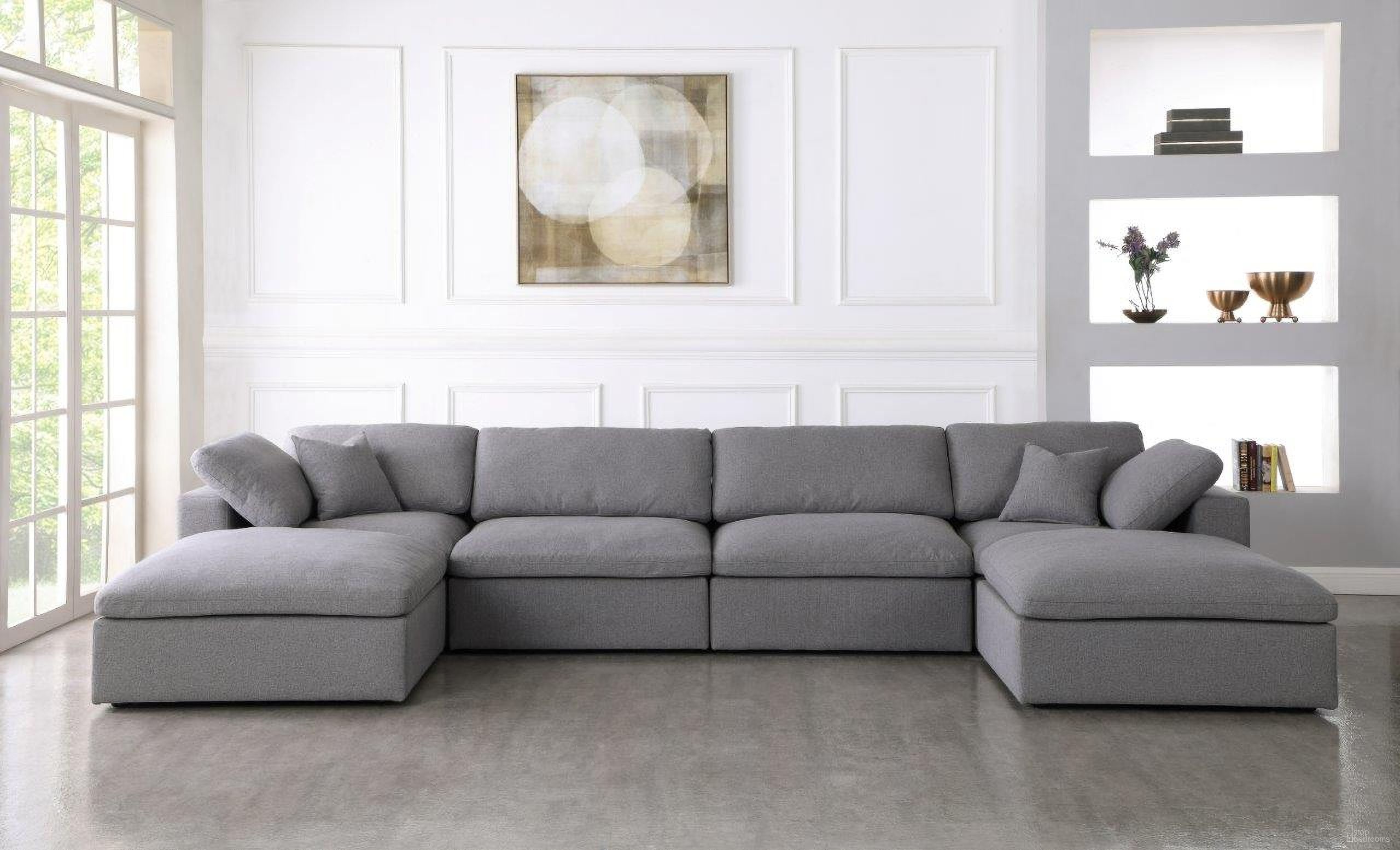 The appearance of Serene Linen Textured Fabric Deluxe Comfort 6 Piece Modular Sectional In Grey designed by Meridian in the modern / contemporary interior design. This grey piece of furniture  was selected by 1StopBedrooms from Serene Collection to add a touch of cosiness and style into your home. Sku: 601Grey-Corner;601Grey-Corner;601Grey-Armless;601Grey-Armless;601Grey-Ott;601Grey-Ott. Material: Linen. Layout: Sofa & Chaise.