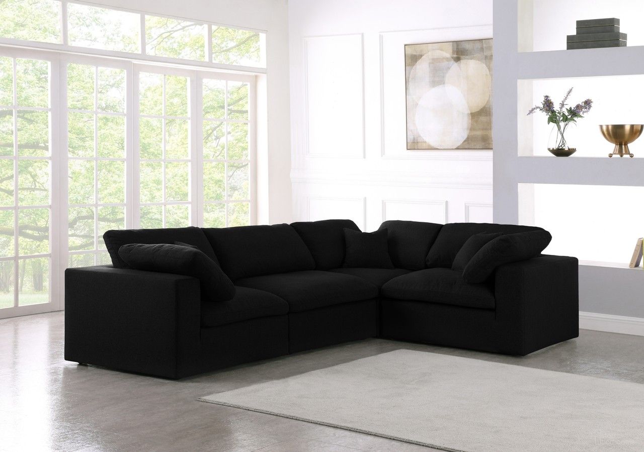 The appearance of Serene Linen Textured Fabric Modular Sectional In Black designed by Meridian in the modern / contemporary interior design. This black piece of furniture  was selected by 1StopBedrooms from Serene Collection to add a touch of cosiness and style into your home. Sku: 601Black-Armless;601Black-Corner;601Black-Corner;601Black-Corner. Material: Linen.