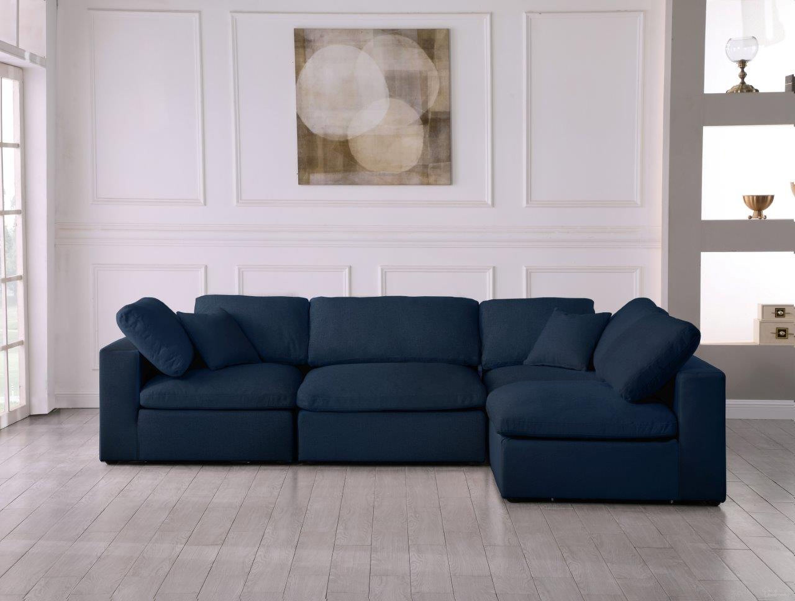 The appearance of Serene Linen Textured Fabric Deluxe Comfort 4 Piece Modular Sectional In Navy designed by Meridian in the modern / contemporary interior design. This navy piece of furniture was selected by 1StopBedrooms from Serene Collection to add a touch of cosiness and style into your home. Sku: 601Navy-Corner;601Navy-Corner;601Navy-Armless;601Navy-Armless. Material: Linen. Layout: L-Shape.