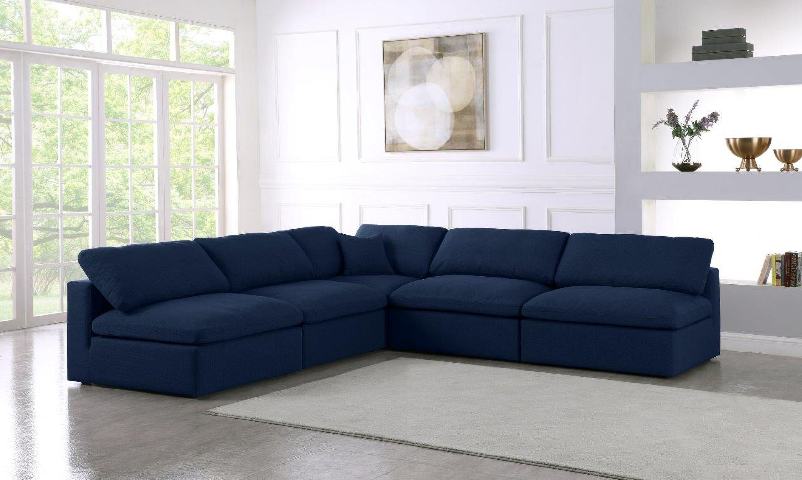 The appearance of Serene Linen Textured Fabric Deluxe Comfort 5 Piece Modular Sectional In Navy designed by Meridian in the modern / contemporary interior design. This navy piece of furniture was selected by 1StopBedrooms from Serene Collection to add a touch of cosiness and style into your home. Sku: 601Navy-Corner;601Navy-Armless;601Navy-Armless;601Navy-Armless;601Navy-Armless. Material: Linen. Layout: Modular.