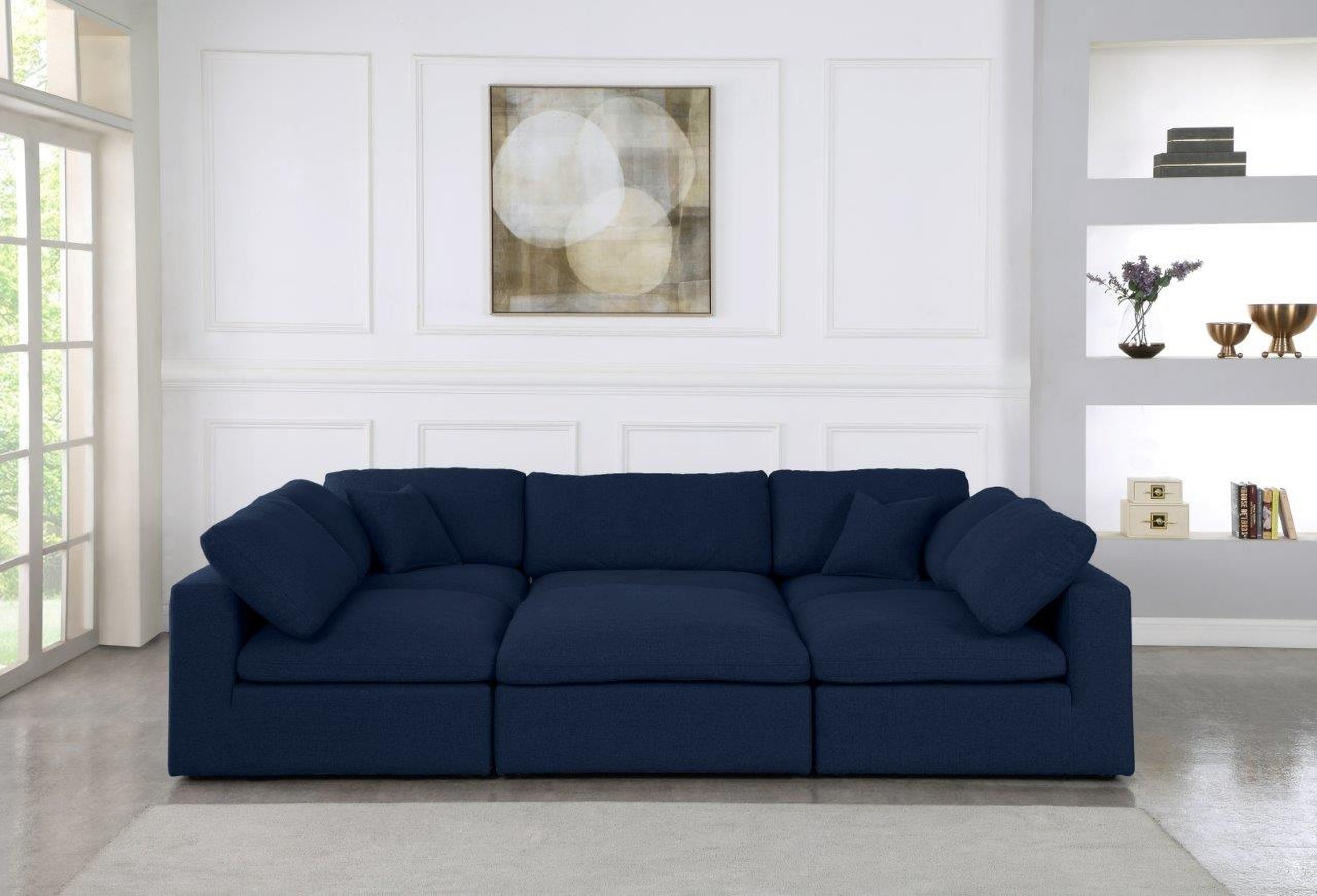 The appearance of Serene Linen Textured Fabric Deluxe Comfort 6 Piece Modular Sectional In Navy designed by Meridian in the modern / contemporary interior design. This navy piece of furniture was selected by 1StopBedrooms from Serene Collection to add a touch of cosiness and style into your home. Sku: 601Navy-Corner;601Navy-Corner;601Navy-Armless;601Navy-Armless;601Navy-Armless;601Navy-Ott. Material: Linen. Layout: Modular.
