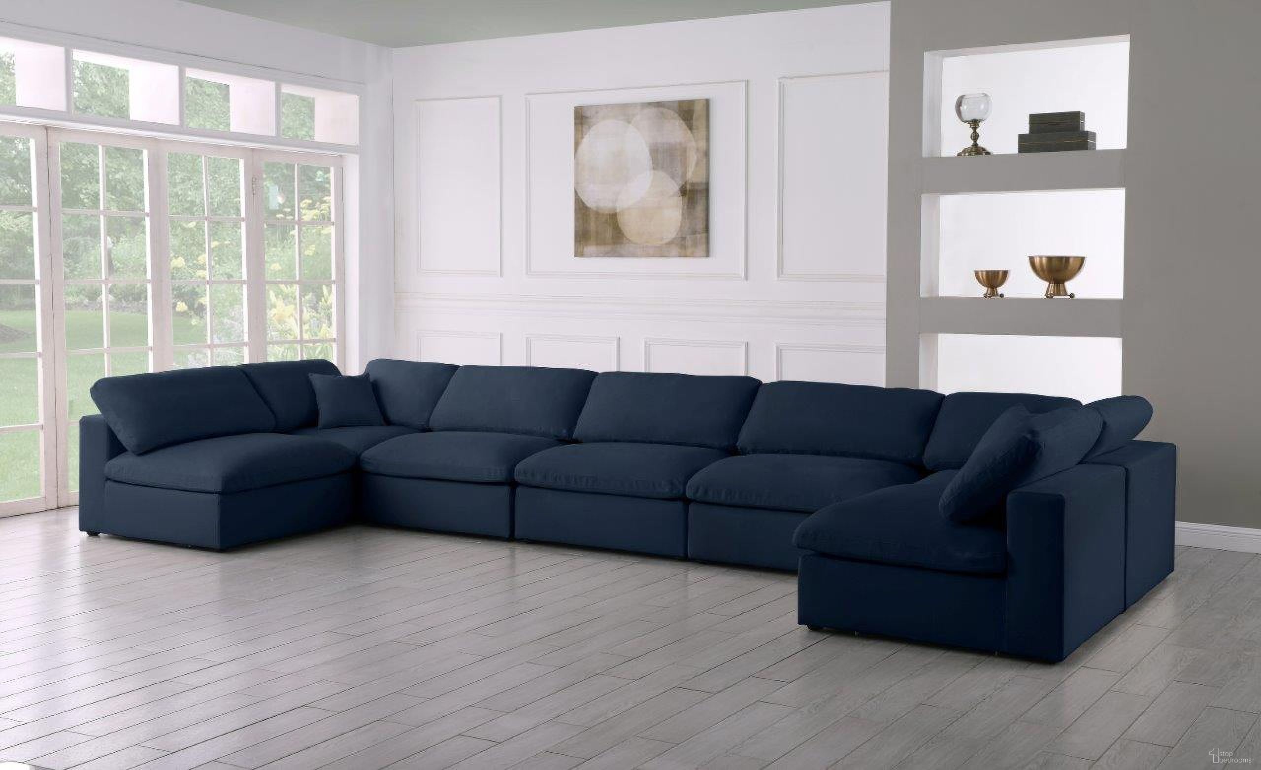 The appearance of Serene Linen Textured Fabric Deluxe Comfort 7 Piece Modular Sectional In Navy designed by Meridian in the modern / contemporary interior design. This navy piece of furniture was selected by 1StopBedrooms from Serene Collection to add a touch of cosiness and style into your home. Sku: 601Navy-Corner;601Navy-Corner;601Navy-Armless;601Navy-Armless;601Navy-Armless;601Navy-Armless;601Navy-Armless. Material: Linen. Layout: Modular.