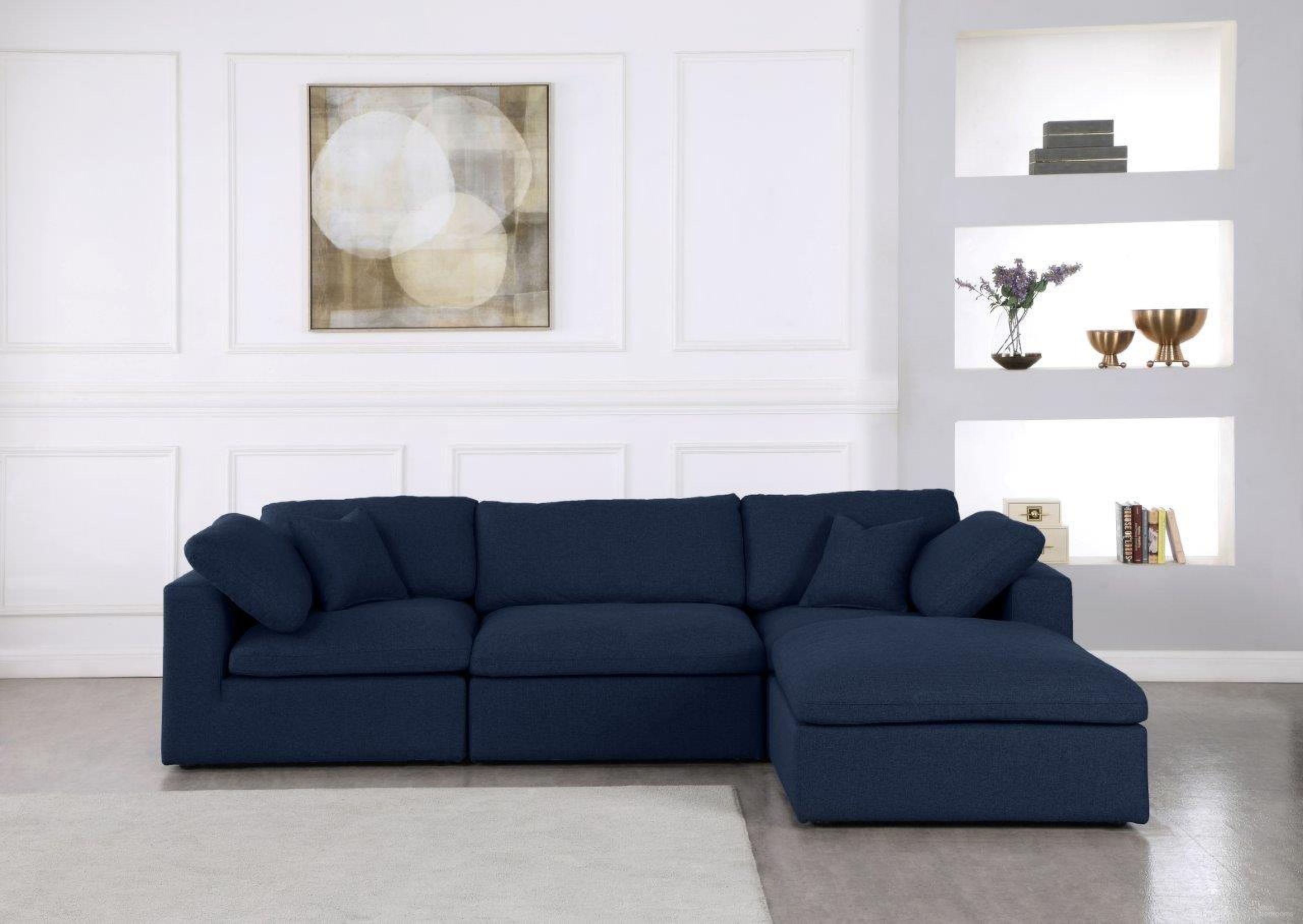 The appearance of Serene Linen Textured Fabric Deluxe Comfort 4 Piece Modular Sectional In Navy designed by Meridian in the modern / contemporary interior design. This navy piece of furniture  was selected by 1StopBedrooms from Serene Collection to add a touch of cosiness and style into your home. Sku: 601Navy-Corner;601Navy-Corner;601Navy-Armless;601Navy-Ott. Material: Linen. Layout: Sofa & Chaise.