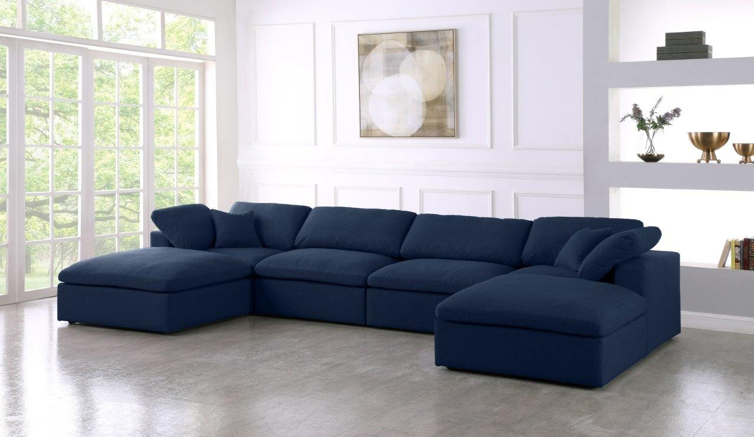 The appearance of Serene Linen Textured Fabric Deluxe Comfort 6 Piece Modular Sectional In Navy designed by Meridian in the modern / contemporary interior design. This navy piece of furniture was selected by 1StopBedrooms from Serene Collection to add a touch of cosiness and style into your home. Sku: 601Navy-Corner;601Navy-Corner;601Navy-Armless;601Navy-Armless;601Navy-Ott;601Navy-Ott. Material: Linen. Layout: Sofa & Chaise.