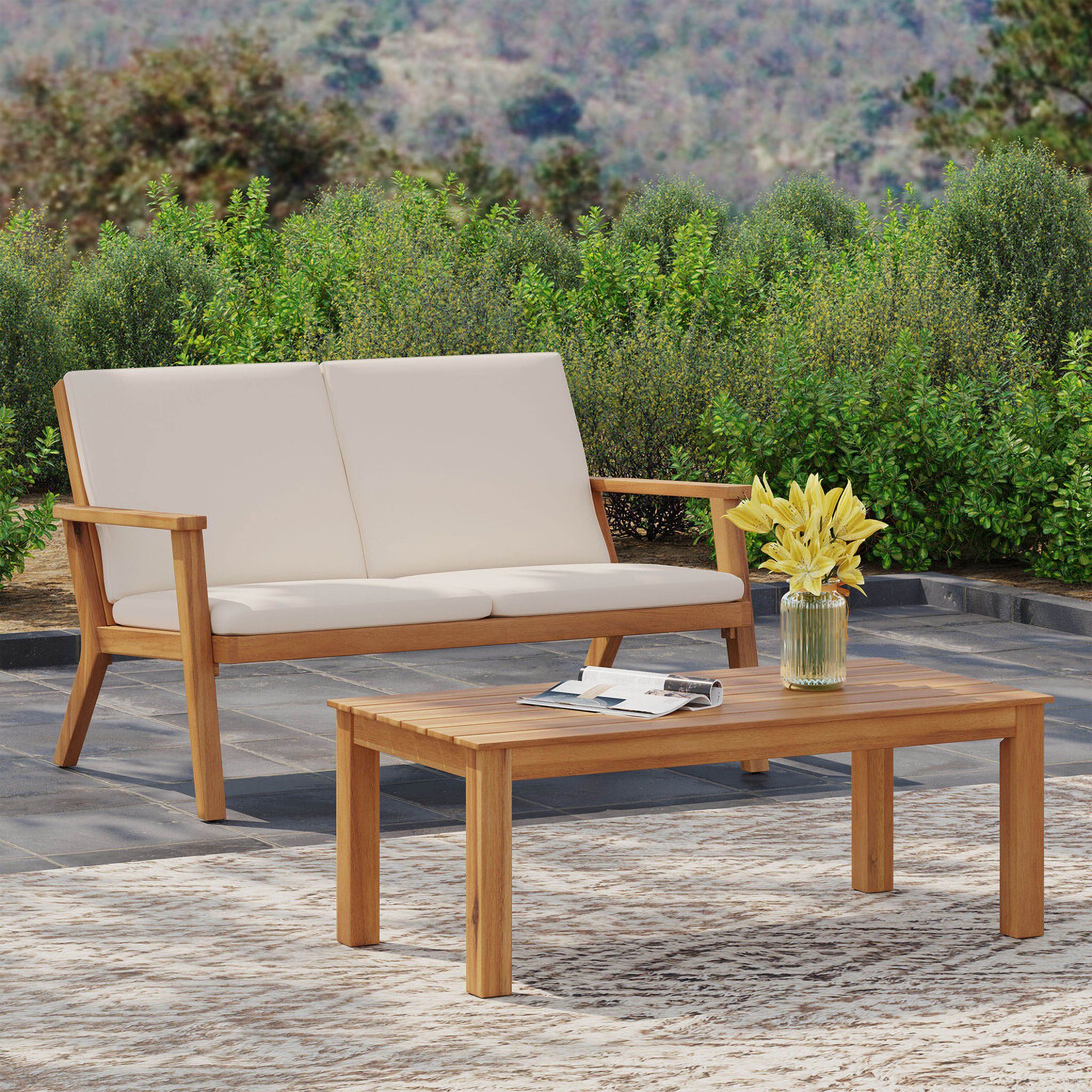 The appearance of Serenit 2-Piece Patio Set with Cushions In Loveseat and Coffee Table In Beige and Brown designed by Noble House in the modern / contemporary interior design. This beige piece of furniture was selected by 1StopBedrooms from Serenit Collection to add a touch of cosiness and style into your home. Sku: 68024.00CRM. Material: Acacia Wood.
