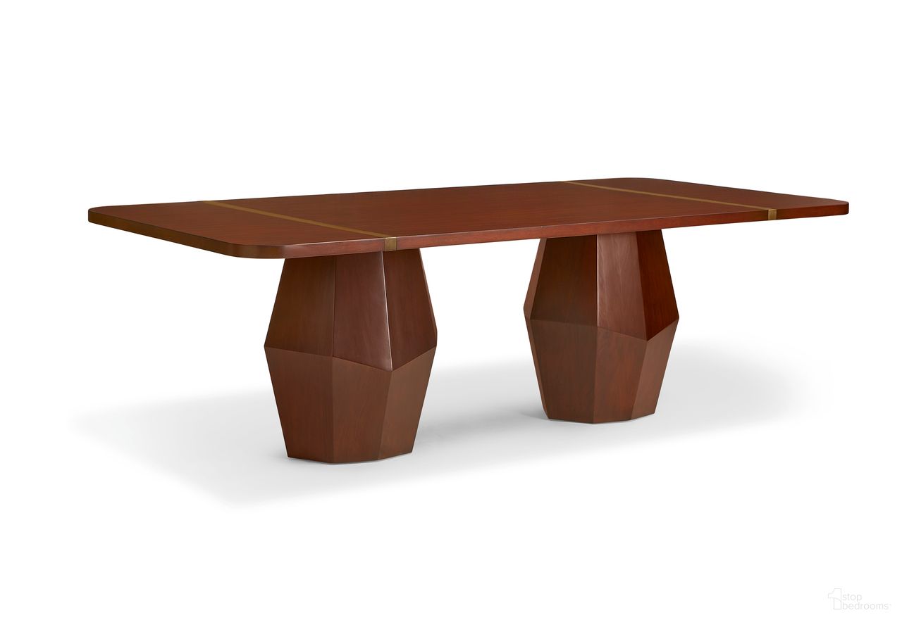 The appearance of Serenity Dining Table In Mahogany and Antique Brass designed by Maitland-Smith in the modern / contemporary interior design. This mahogany/antique brass piece of furniture  was selected by 1StopBedrooms from Maitland Smith Collection to add a touch of cosiness and style into your home. Sku: CJ8369-35B;CJ8369-35T. Table Base Style: Double Pedestal. Table Top Shape: Rectangular. Material: Mahogany. Size: 44" x 96".