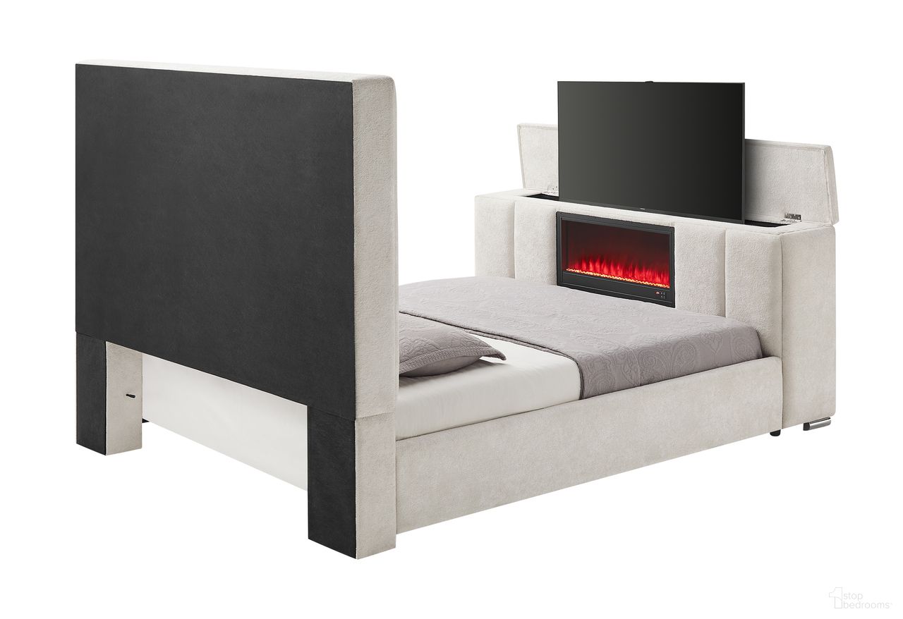 Serenity King Upholstered Bed with Speaker, TV Lift and Fireplace In Cream