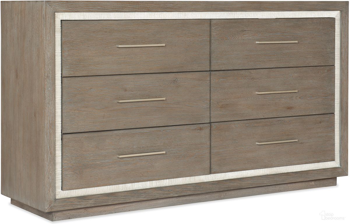 The appearance of Serenity Mainstay Six Drawer Dresser designed by Hooker in the transitional interior design. This gray piece of furniture  was selected by 1StopBedrooms from Serenity Collection to add a touch of cosiness and style into your home. Sku: 6350-90002-95. Material: Oak Veneer.