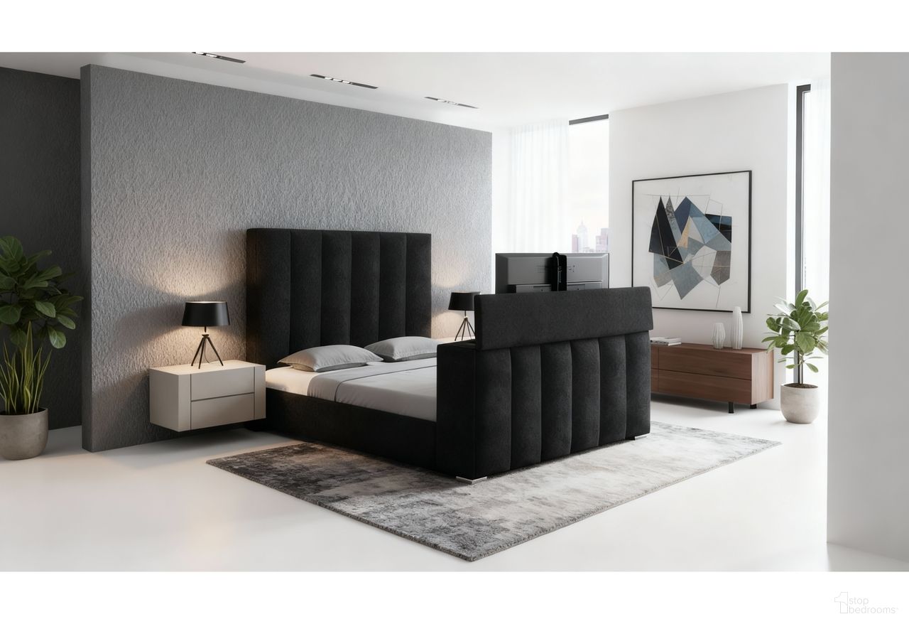The appearance of Serenity Queen Upholstered Bed with Speaker, TV Lift and Fireplace In Onyx designed by Global Furniture USA in the modern / contemporary interior design. This onyx piece of furniture was selected by 1StopBedrooms from Serenity Collection to add a touch of cosiness and style into your home. Sku: SERENITY-ONYX-QB-SR;SERENITY-ONYX-QB-FB W/ TV LIFT & EU;SERENITY-ONYX-QB-HB W/SPKR. Material: Fabric. Bed Size: Queen. Bed Type: Upholstered Bed.