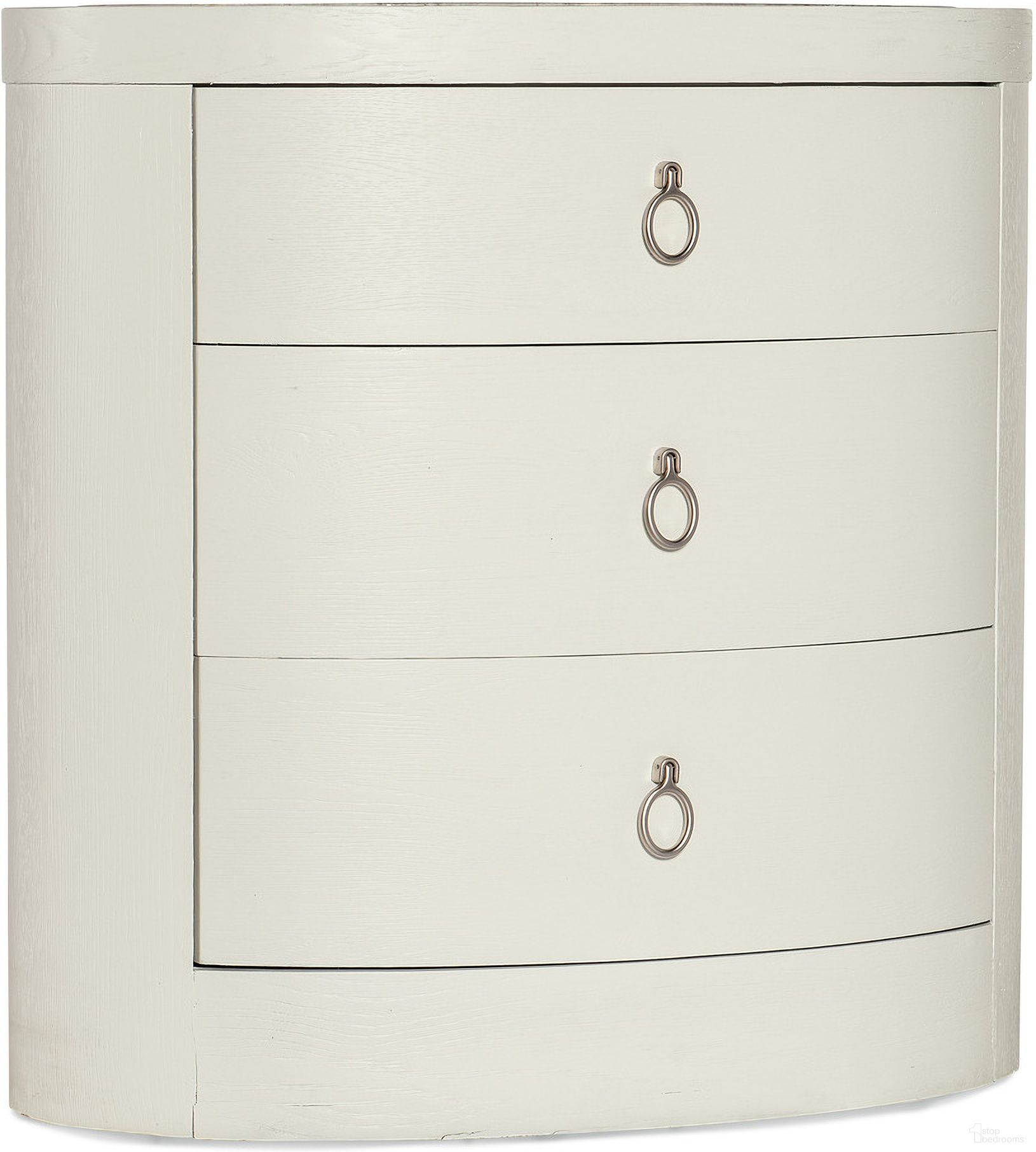 The appearance of Serenity Wavecrest Oval Nightstand designed by Hooker in the transitional interior design. This white piece of furniture  was selected by 1StopBedrooms from Serenity Collection to add a touch of cosiness and style into your home. Sku: 6350-90115-02. Material: Oak Veneer.
