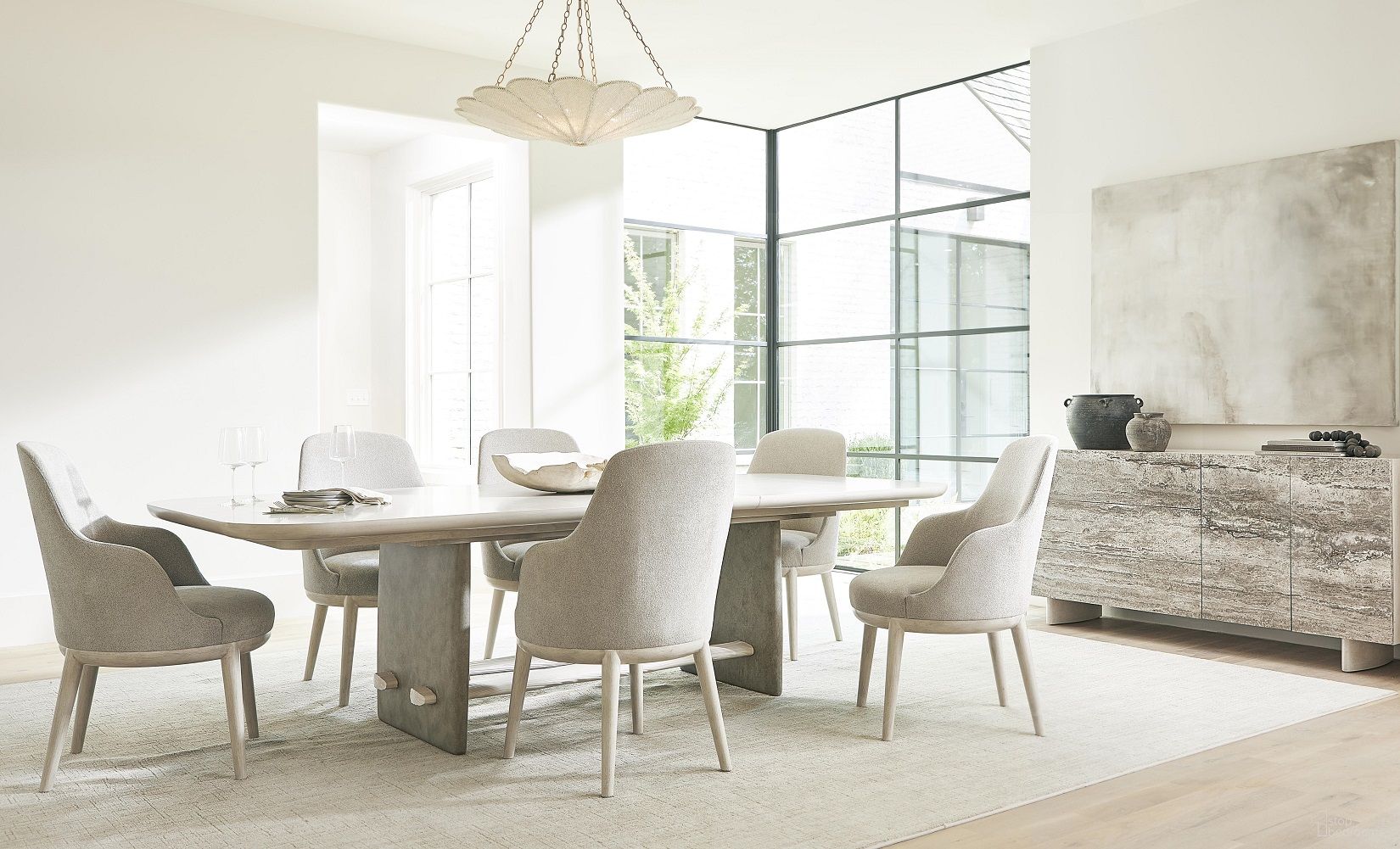 The appearance of Sereno Rectangular Dining Set In Sasso designed by Bernhardt in the modern / contemporary interior design. This sasso piece of furniture was selected by 1StopBedrooms from Sereno Collection to add a touch of cosiness and style into your home. Sku: 329242;329244;329548. Table Top Shape: Rectangular. Material: Resin. Size: 46" x 84".
