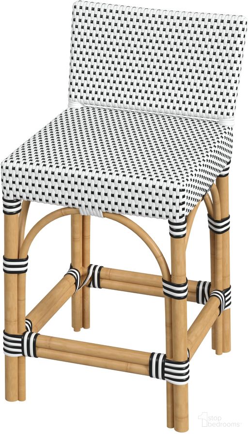 The appearance of Serienna Rectangular Rattan Low Back 24.5 Inch Counter Stool In Black and White designed by Butler Specialty Company in the transitional interior design. This black and white piece of furniture  was selected by 1StopBedrooms from Serienna Collection to add a touch of cosiness and style into your home. Sku: 5585295. Material: Rattan.