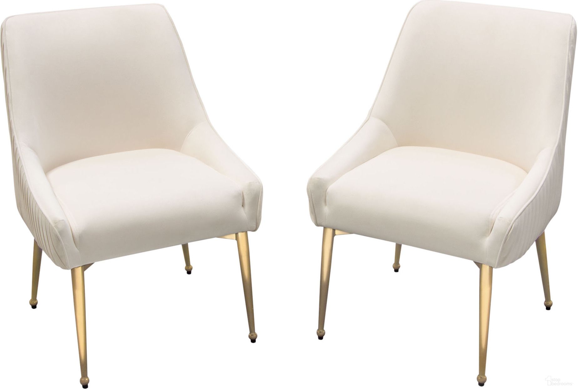 Set of 2 Quinn Dining Chairs with Vertical Outside Pleat Detail and Contoured Arm in Cream Velvet with Brushed Gold Metal Leg